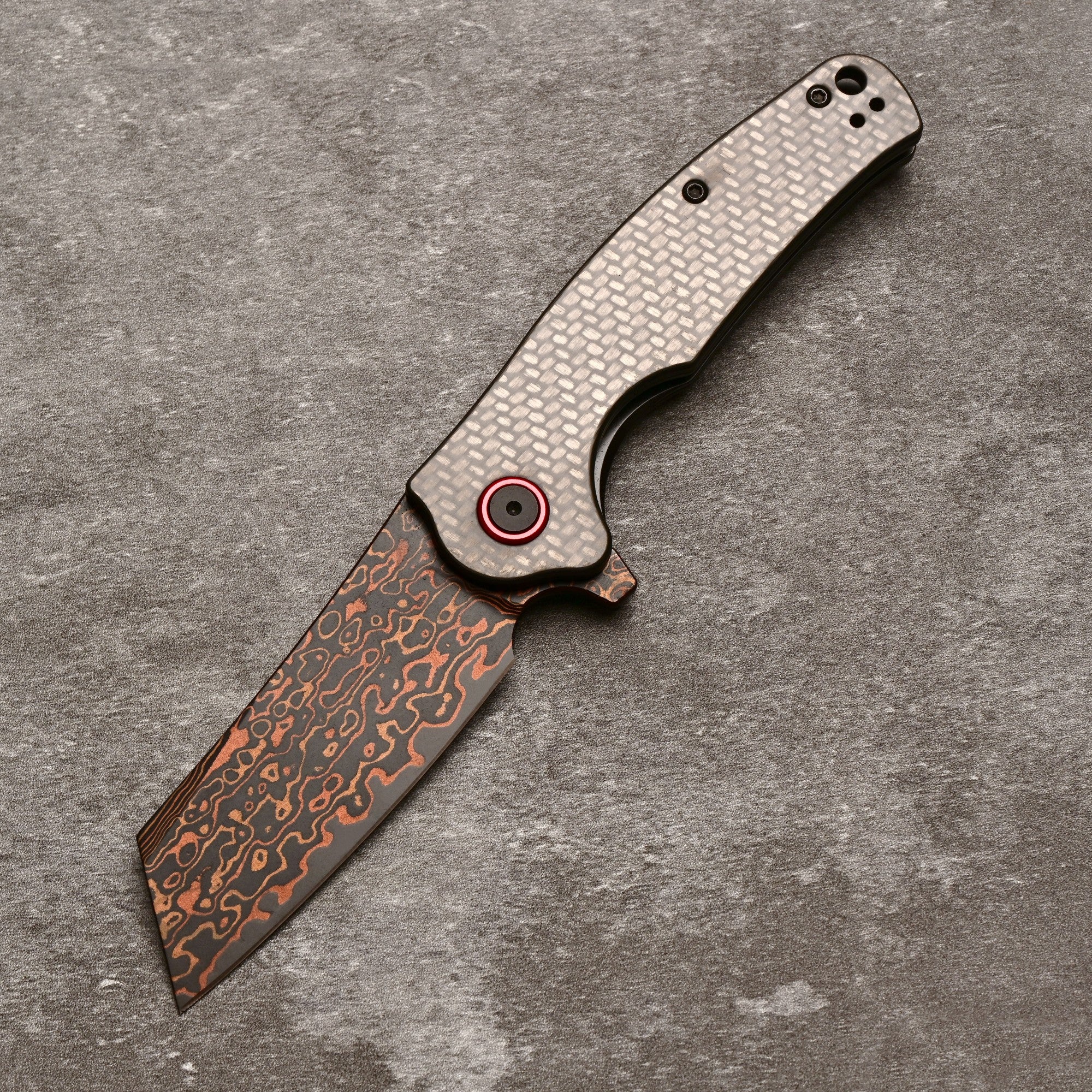 CJRB Crag J1904 Copper Damascus Steel Carbon Fiber Handle Folding Knives(Prototype)