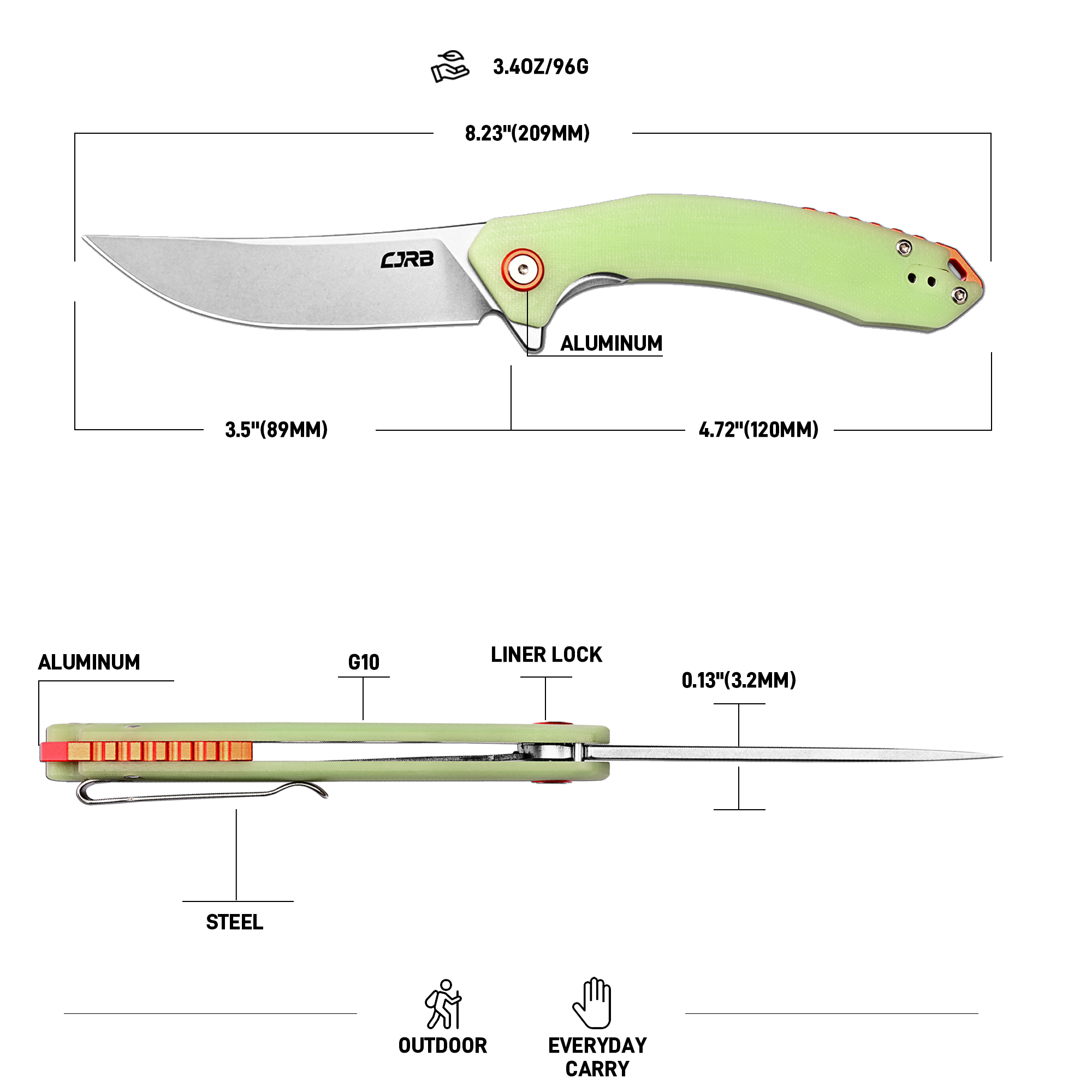 CJRB Gobi Flipper & Liner Lock G10(Glow In the Dark) Handle (3.5'' Stone Wash AR-RPM9 Blade) J1906-GD