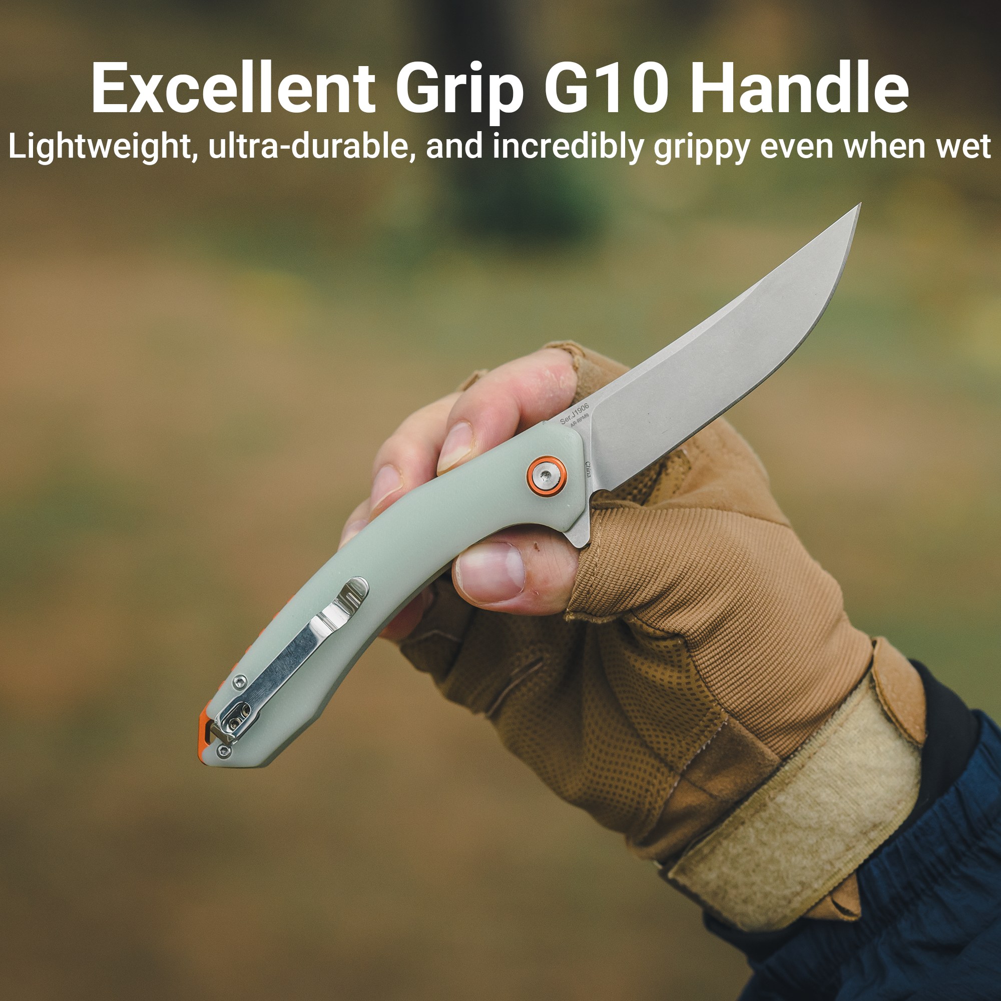 Cjrb Gobi J1906 AR-RPM9 Blade G10(Contoured & Cnc Pattern Texture) Handle Folding Knives - Natural Green (J1906-NTG)