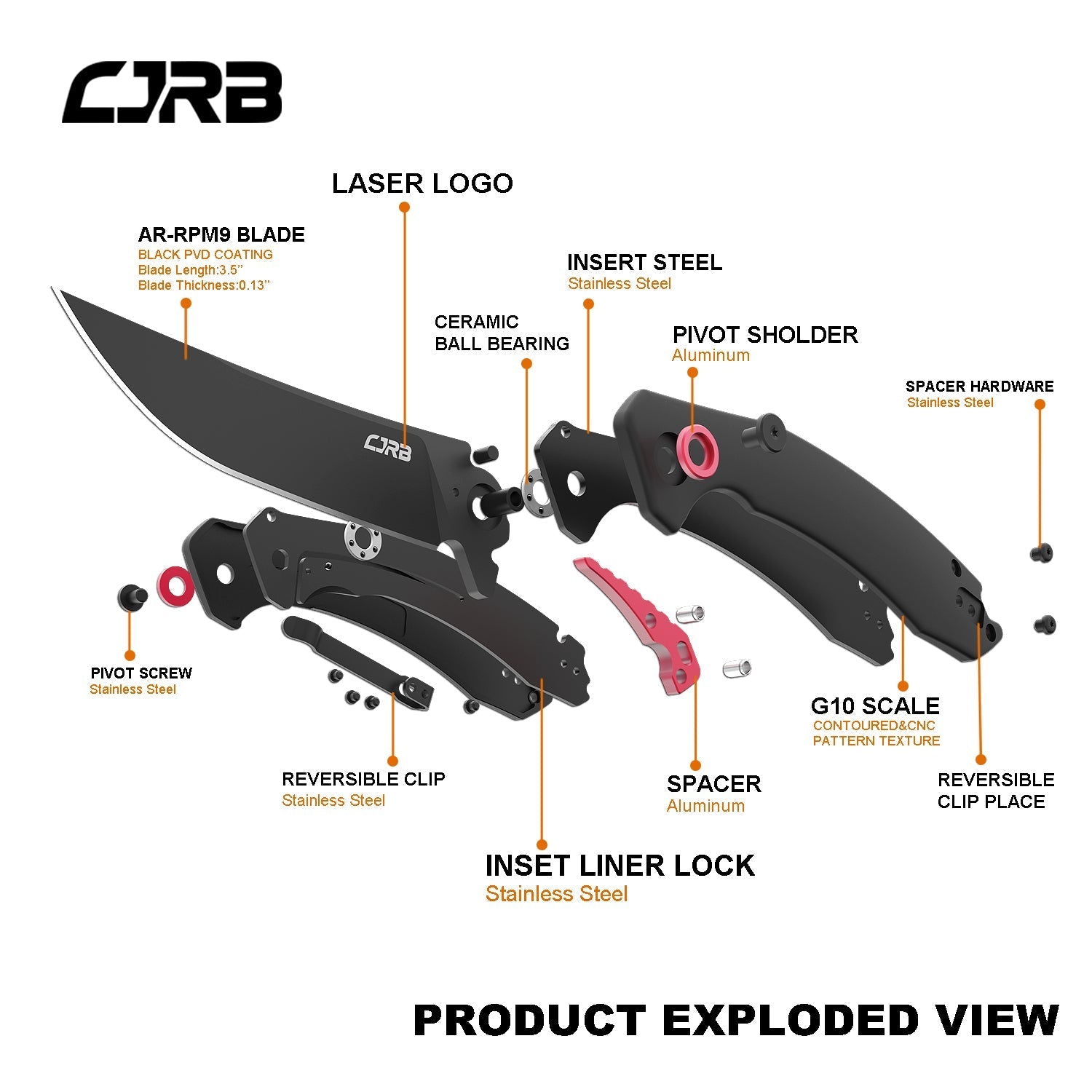 CJRB Gobi J1906 AR-RPM9 Steel Black PVD Blade G10 Handle Folding Knives - Black (J1906-BBKC)
