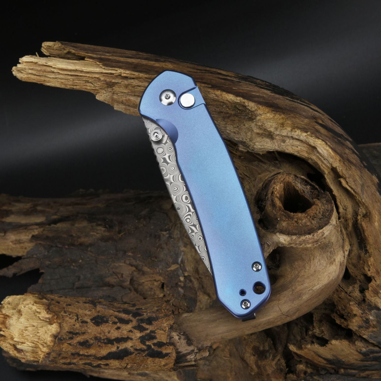 CJRB Pyrite J1925 Damascus Blade Titanium Handle Folding Knives - Blue (J1925T-BU)