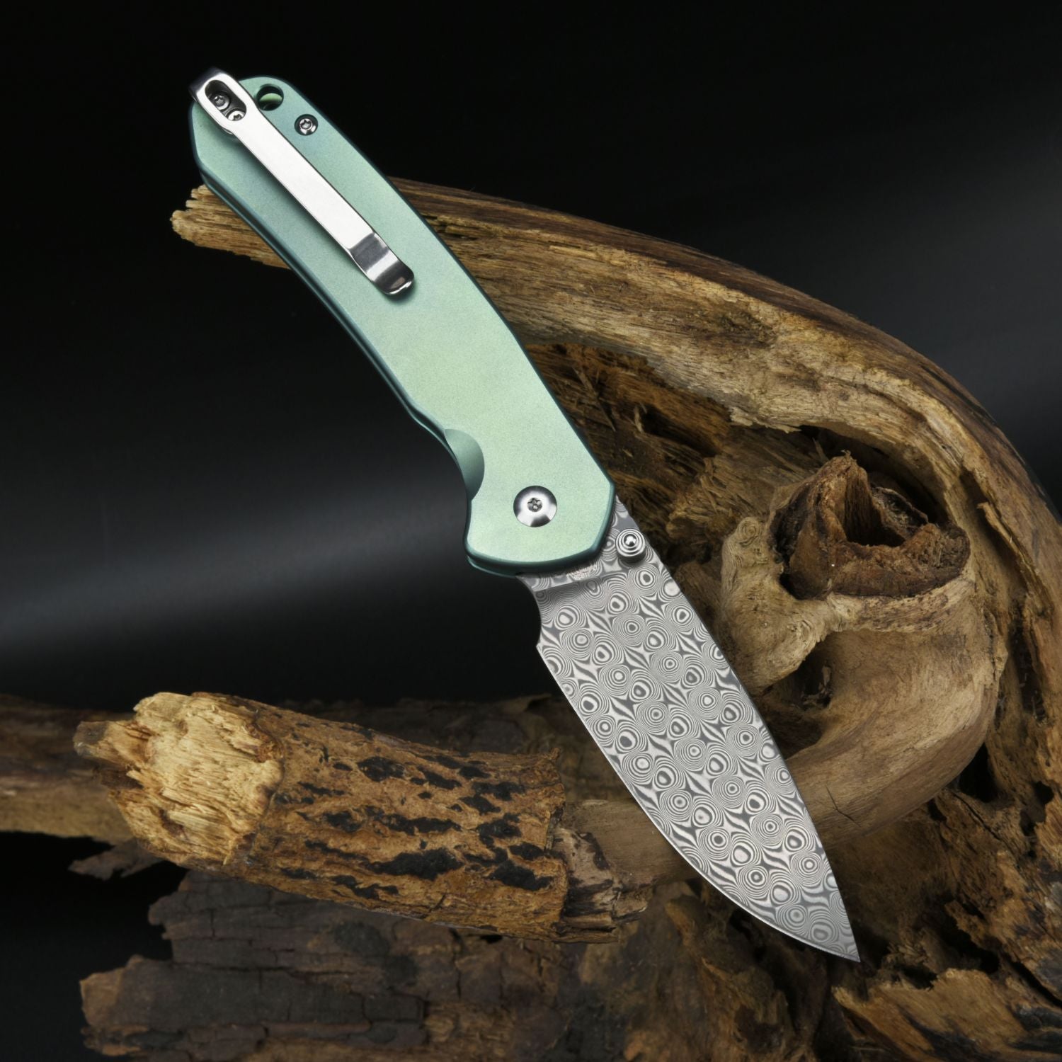 CJRB Pyrite J1925 Damascus Blade Titanium Handle Folding Knives - Green (J1925T-GN)