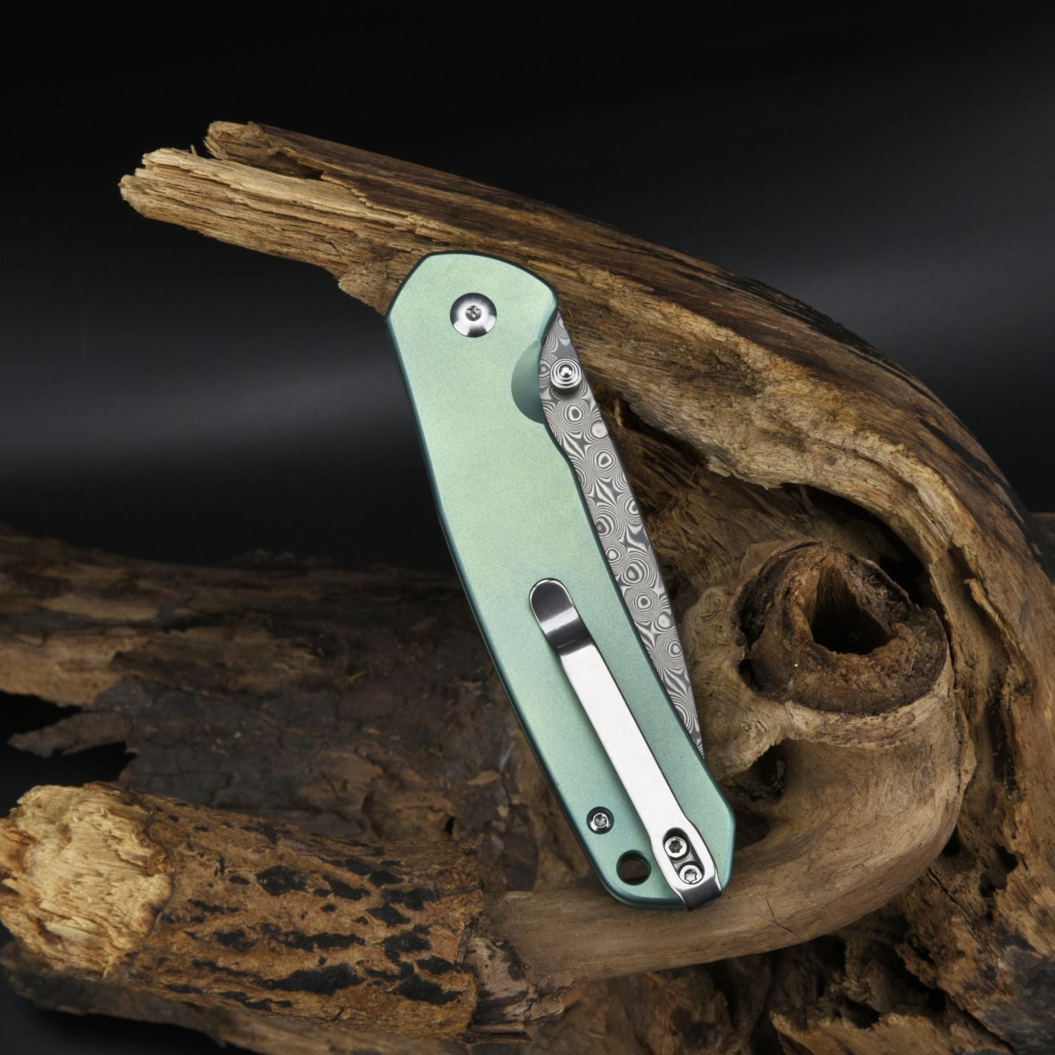 CJRB Pyrite J1925 Damascus Blade Titanium Handle Folding Knives - Green (J1925T-GN)