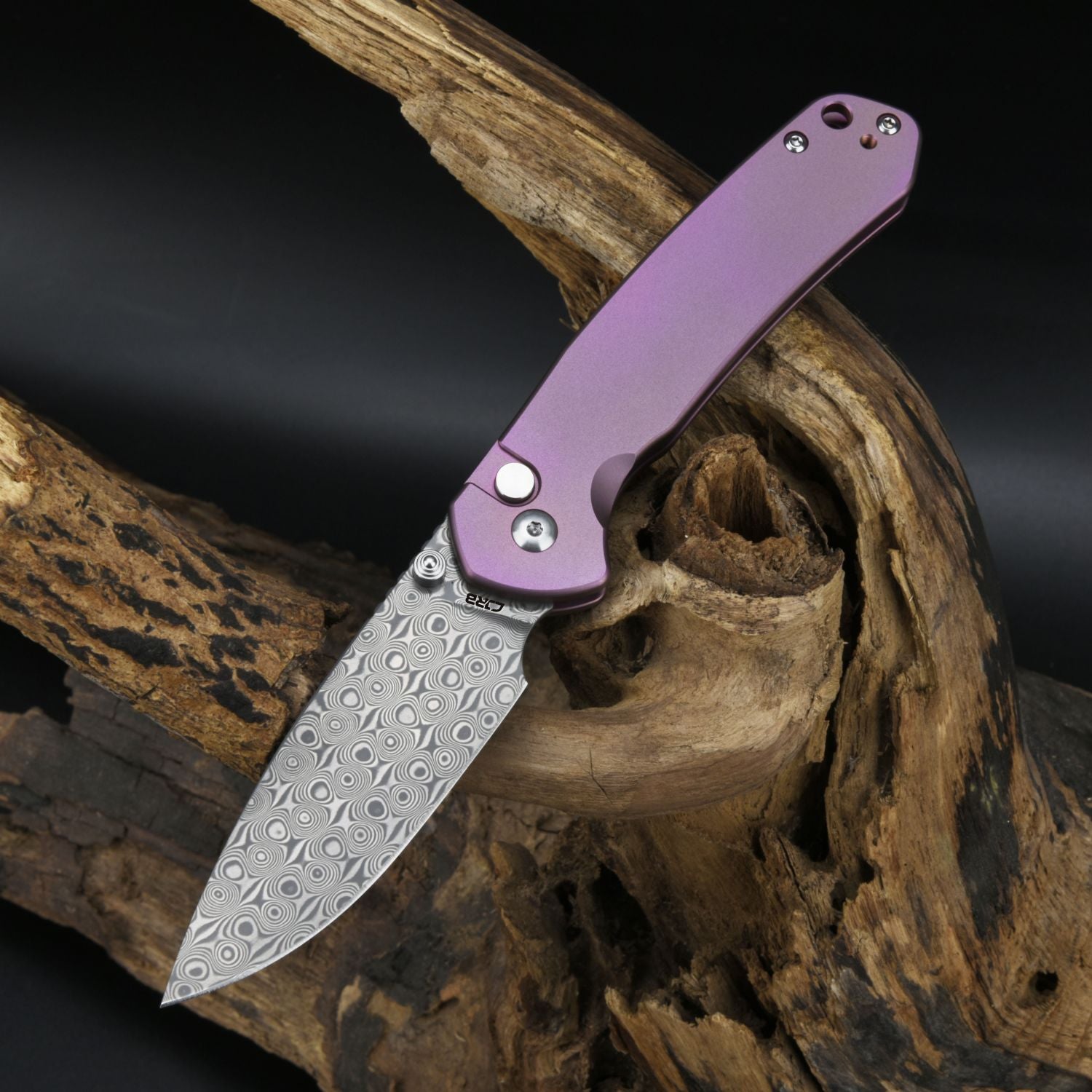CJRB Pyrite J1925 Damascus Blade Titanium Handle Folding Knives - Rose (J1925T-RE)