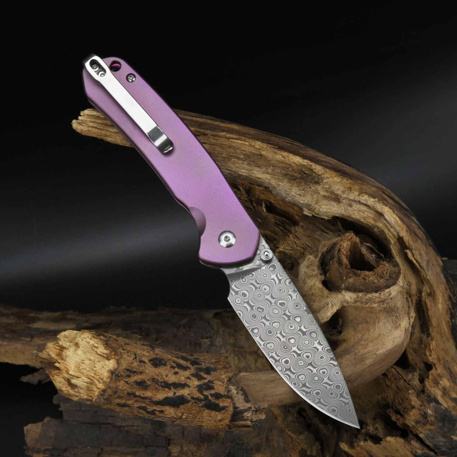 CJRB Pyrite J1925 Damascus Blade Titanium Handle Folding Knives - Rose (J1925T-RE)