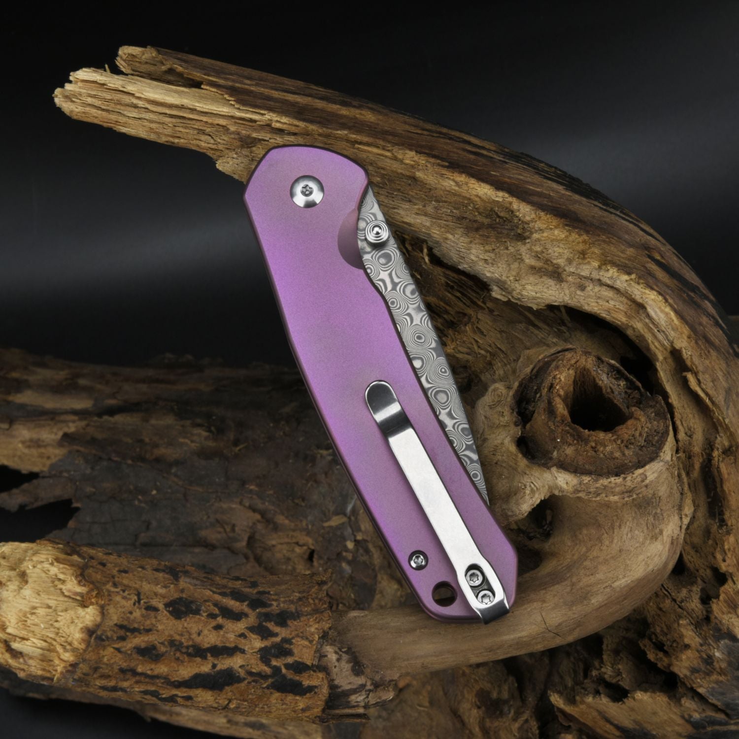 CJRB Pyrite J1925 Damascus Blade Titanium Handle Folding Knives - Rose (J1925T-RE)