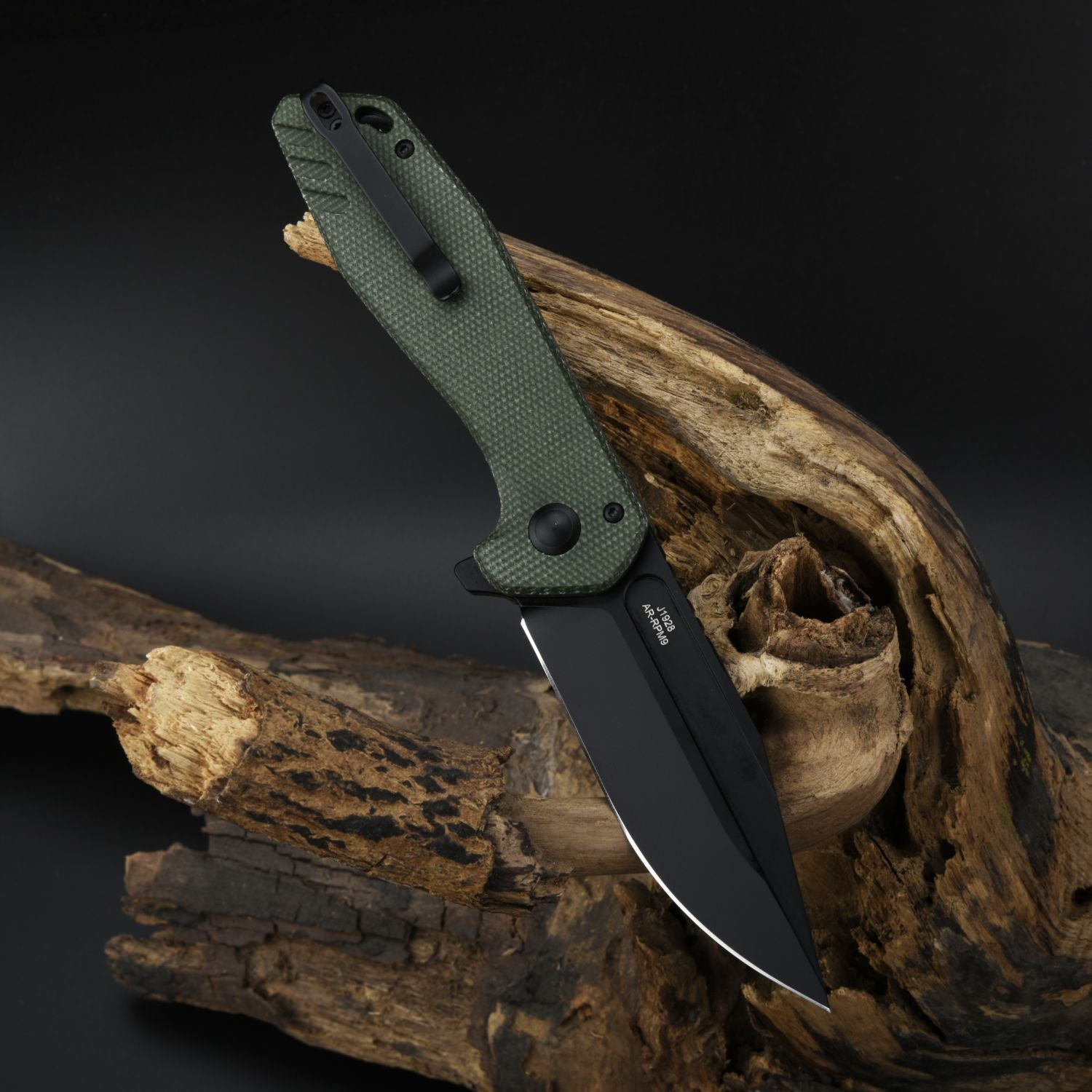 CJRB Riff J1928 AR-RPM9 Steel Blade Micarta Handle Folding Knives - Black PVD / Green Micarta (J1928-BMGN)