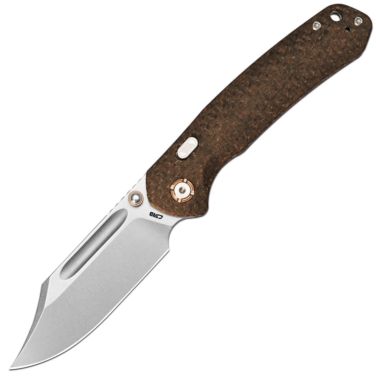 CJRB Bowie Pyrite Thumb Stud & Top Liner Lock Folding Knife Brown Glow in the Dark Micarta Handle (3.35'' Stone Wash 14C28N Steel Blade) J1942X-GDBN (Exclusive)
