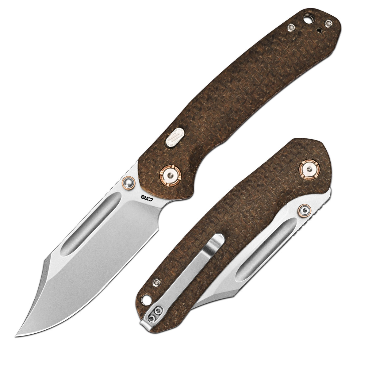 CJRB Bowie Pyrite Thumb Stud & Top Liner Lock Folding Knife Brown Glow in the Dark Micarta Handle (3.35'' Stone Wash 14C28N Steel Blade) J1942X-GDBN (Exclusive)
