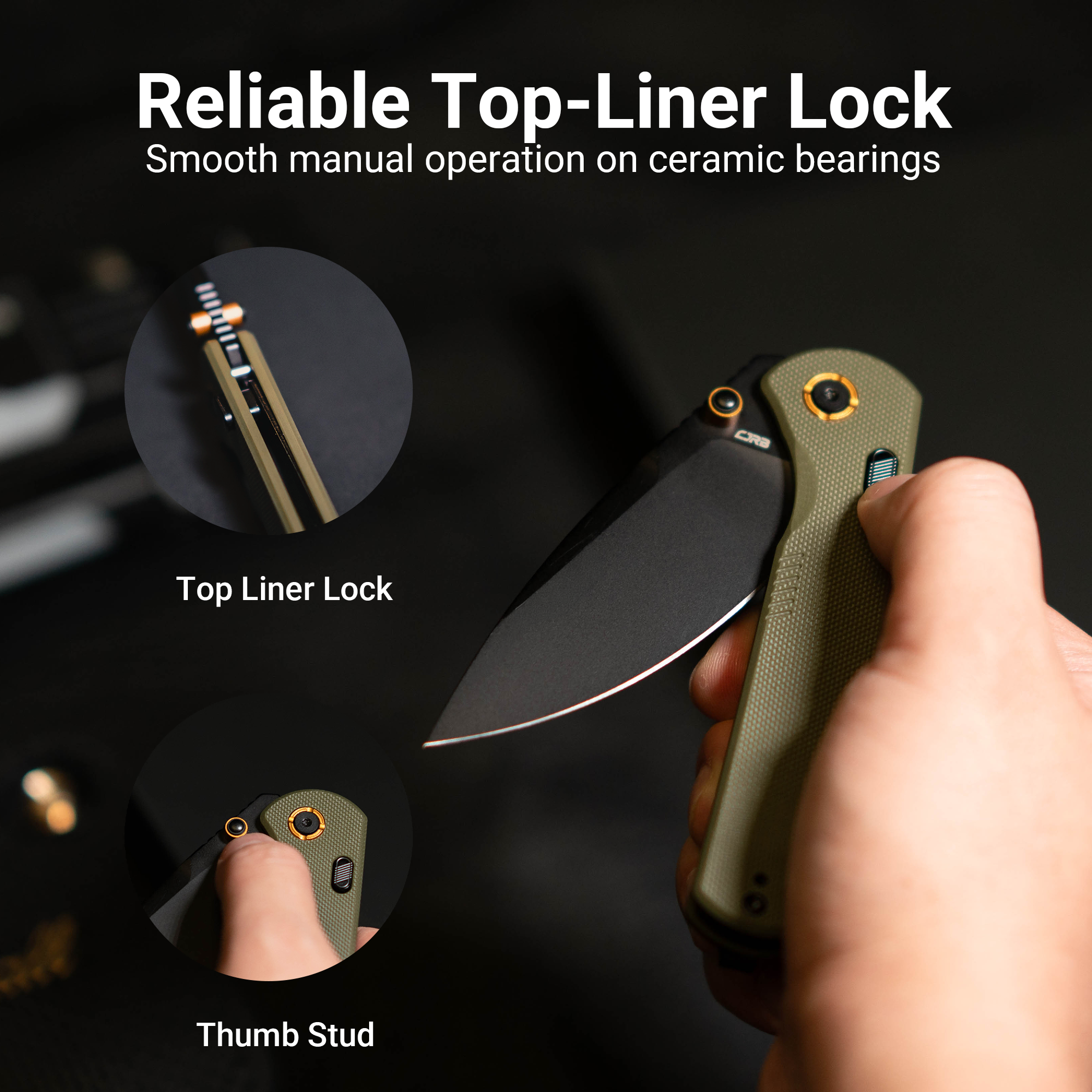 CJRB Latitude Thumb Stud & Top Liner Lock EDC Knife Green G10 Handle(3.47'' AR-RPM9 Steel Black PVD Coating Blade) J1975-BGN