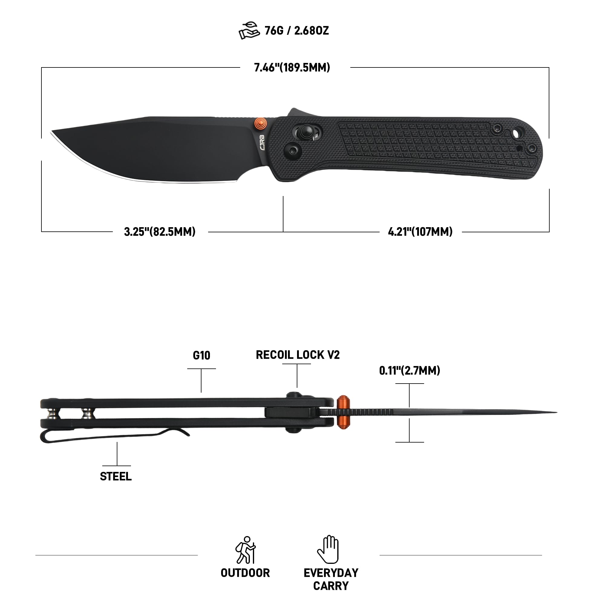 CJRB Bolt J1960 AR-RPM9 Steel Blade G10 Handle Folding Knives, Black