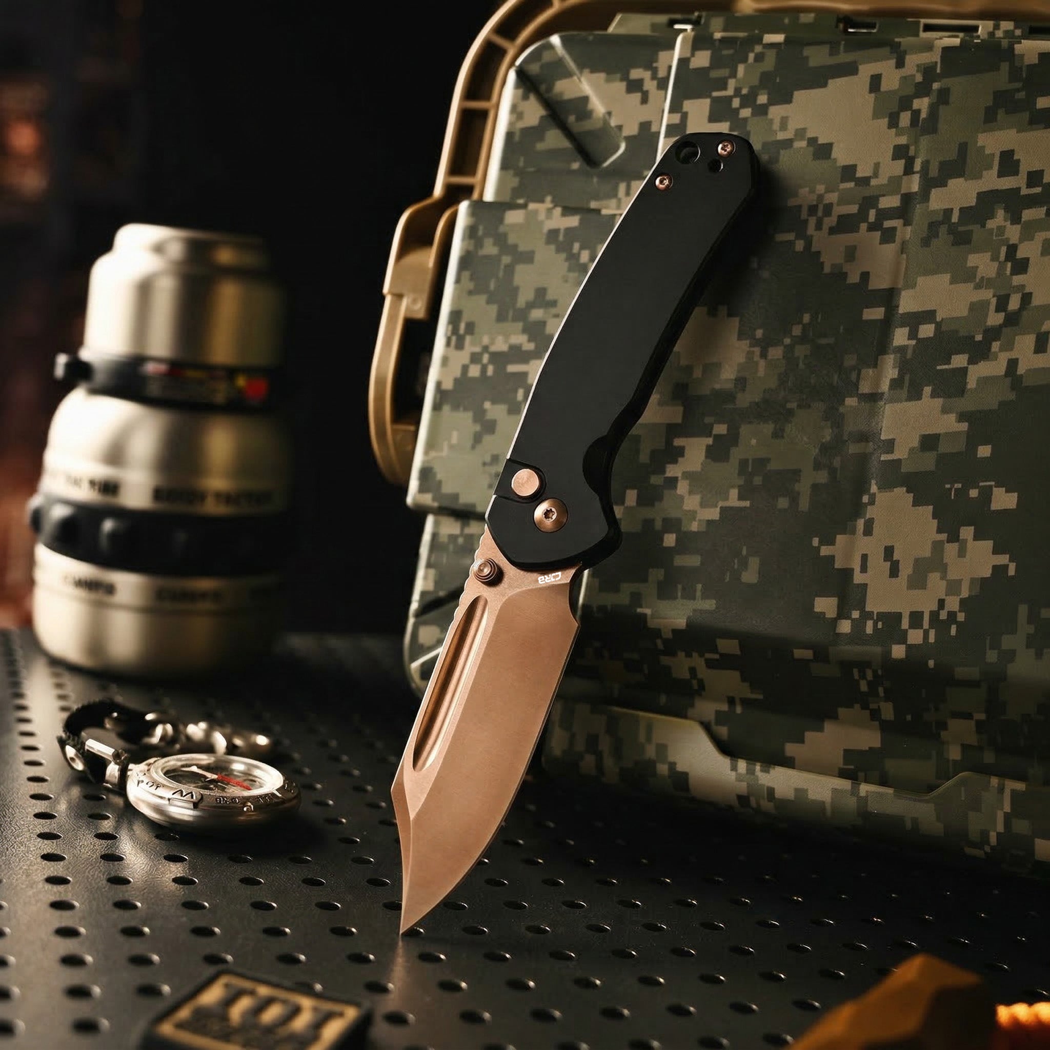 CJRB Bowie Pyrite J1942 AR-RPM9 Steel Rose Gold Blade Steel Handle Folding Knives