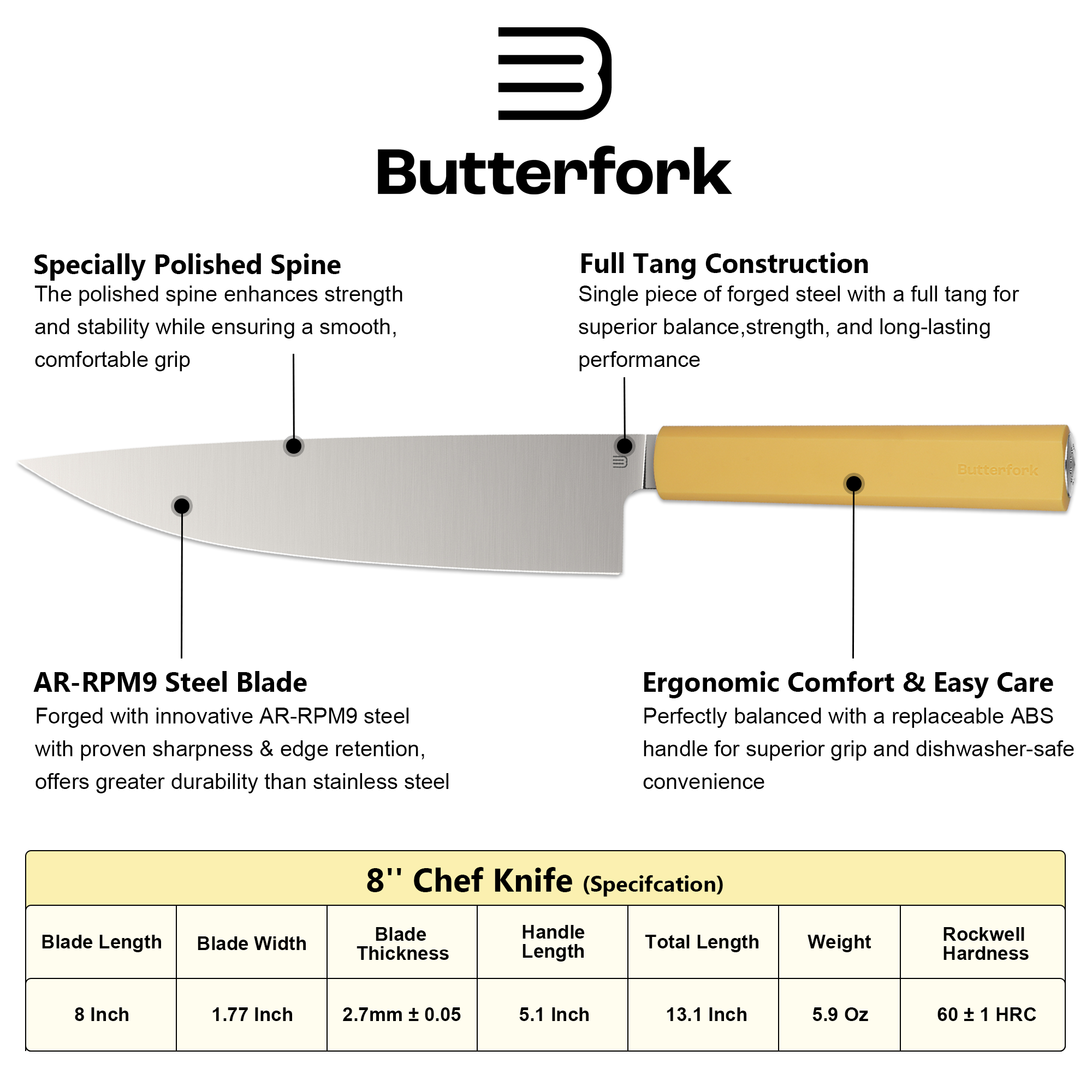 Butterfork Purest 8” Chef's Knife, AR-RPM9 Stainless Steel, Replaceable ABS Handle, Pale Yellow