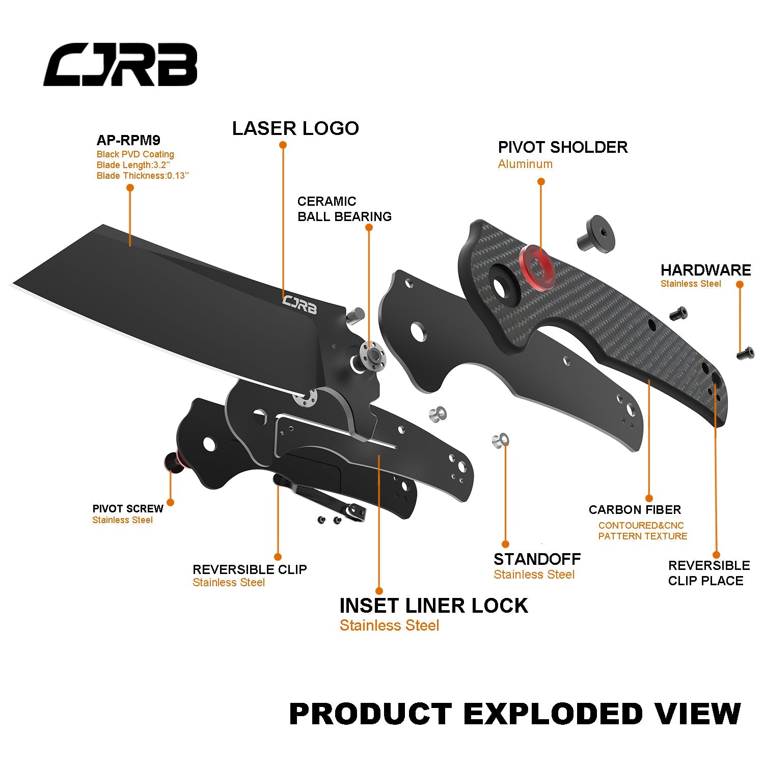 CJRB Crag J1904 AR-RPM9 Steel Black Pvd Blade Carbon Fiber Handle Folding Knives