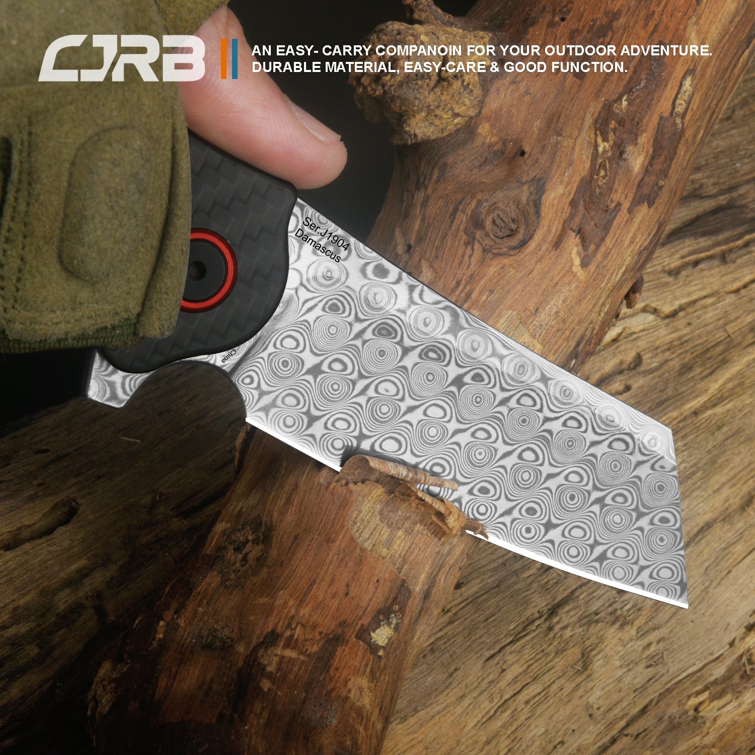 CJRB Crag J1904 Rose Damascus Blade Carbon Fiber Handle Folding Knives