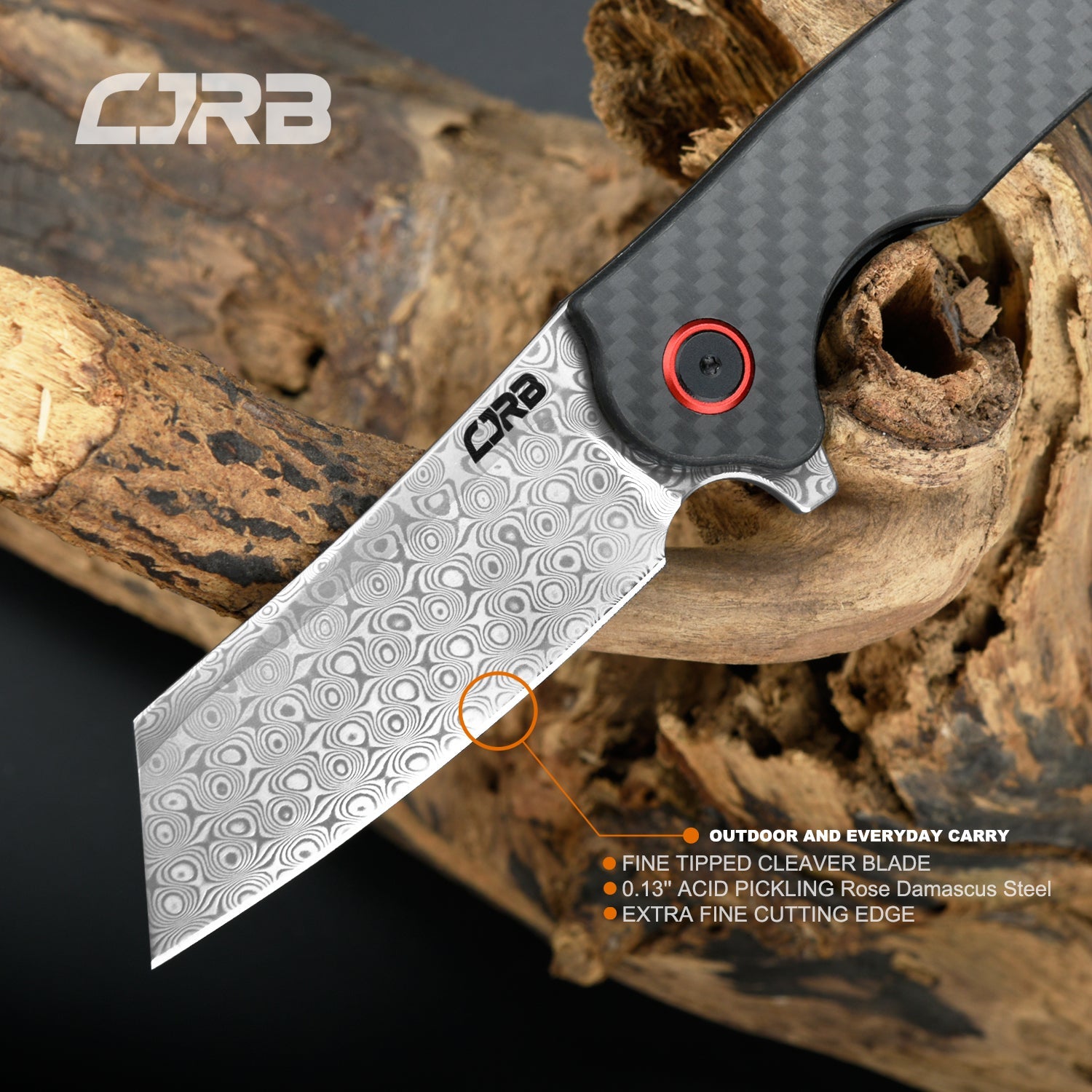 CJRB Crag J1904 Rose Damascus Blade Carbon Fiber Handle Folding Knives