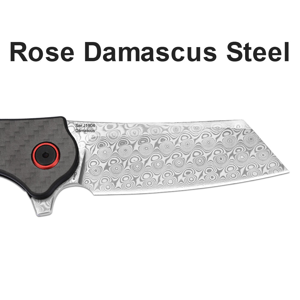 CJRB Crag J1904 Rose Damascus Blade Carbon Fiber Handle Folding Knives