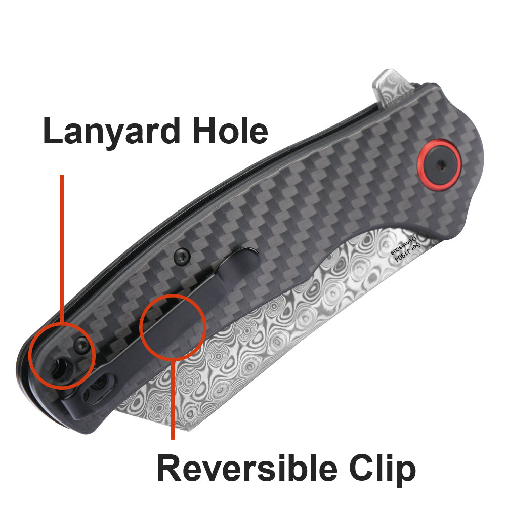 CJRB Crag J1904 Rose Damascus Blade Carbon Fiber Handle Folding Knives
