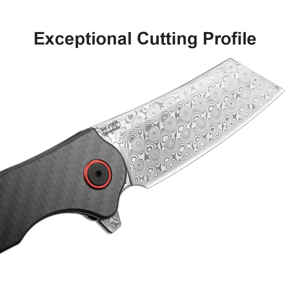 CJRB Crag J1904 Rose Damascus Blade Carbon Fiber Handle Folding Knives