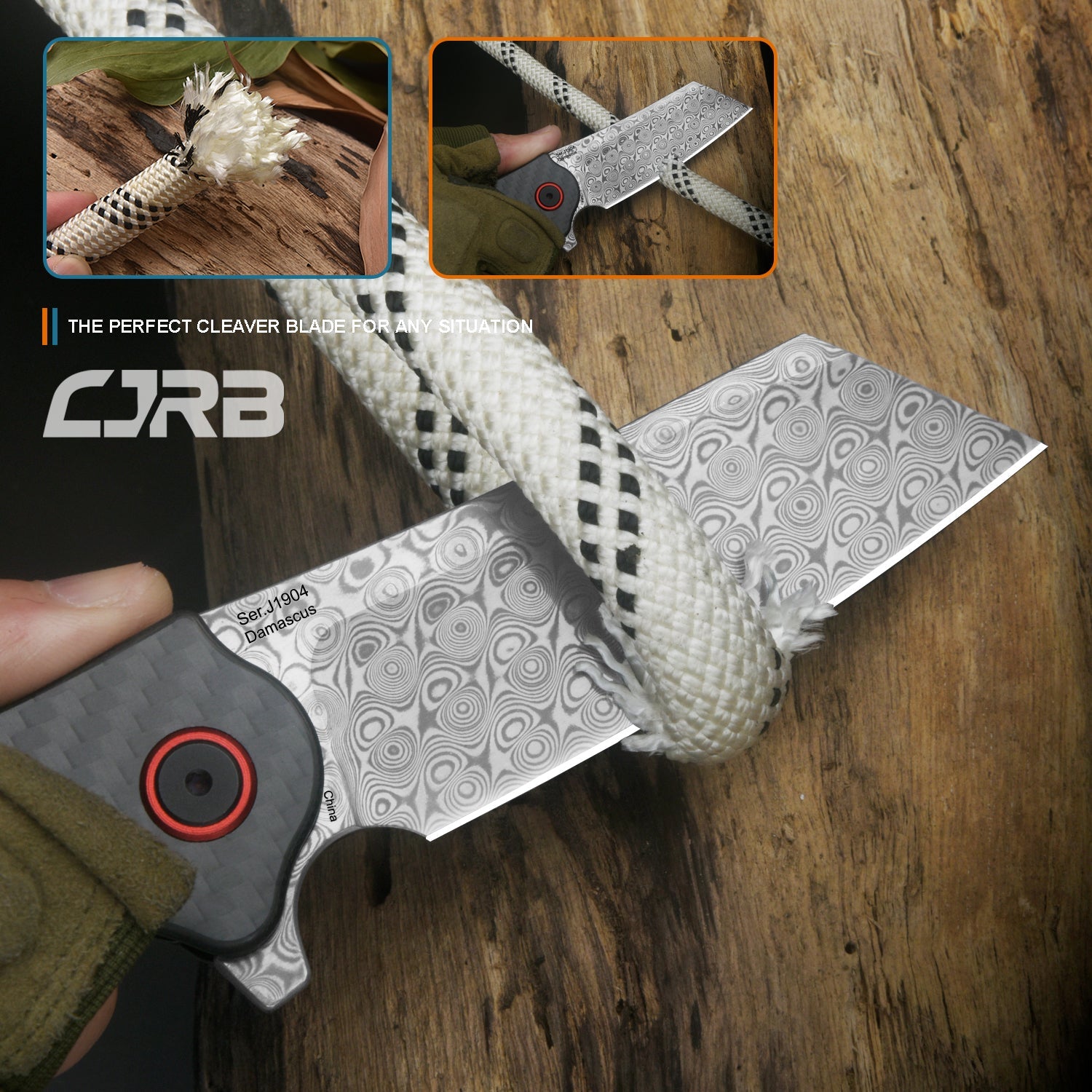 CJRB Crag J1904 Rose Damascus Blade Carbon Fiber Handle Folding Knives
