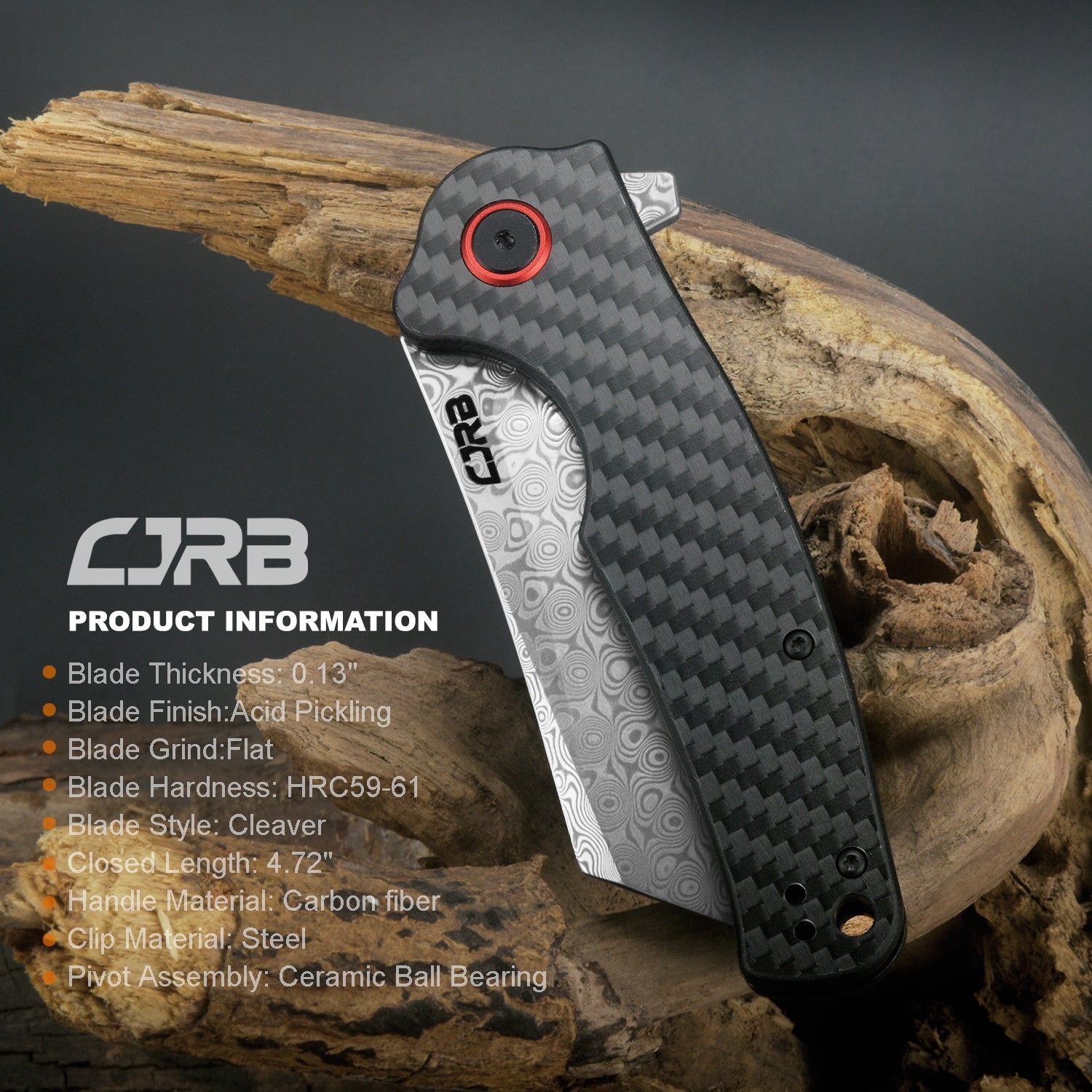 CJRB Crag J1904 Rose Damascus Blade Carbon Fiber Handle Folding Knives