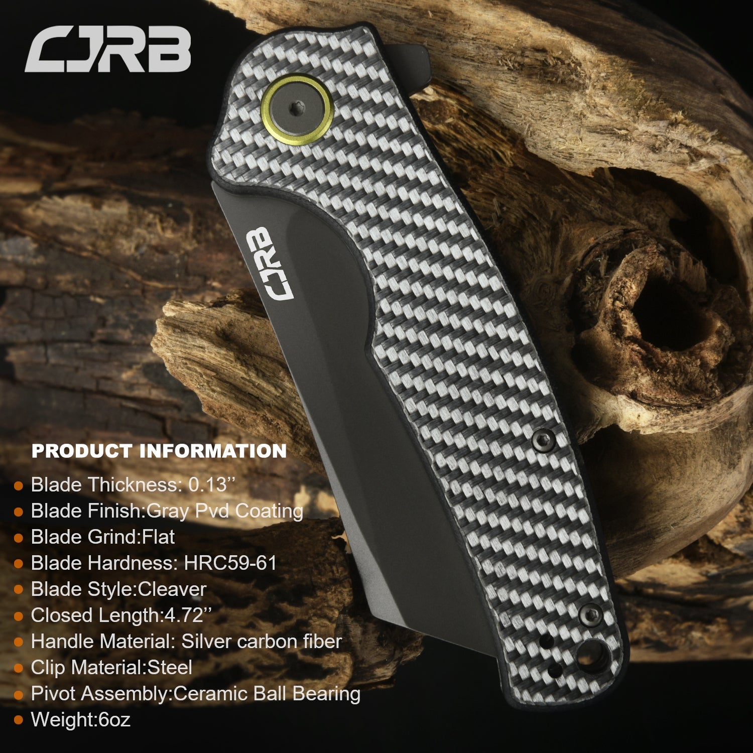 CJRB Crag J1904 AR-RPM9 Steel Gray Pvd Blade Sliver Carbon Fiber Handle Folding Knives