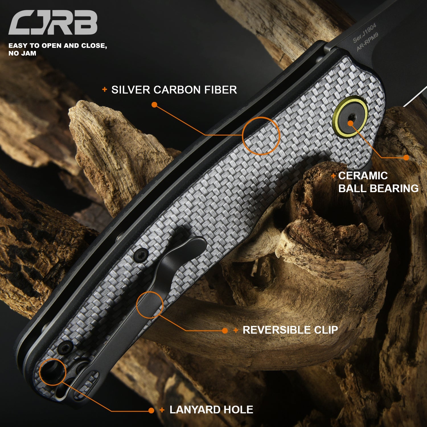 CJRB Crag J1904 AR-RPM9 Steel Gray Pvd Blade Sliver Carbon Fiber Handle Folding Knives