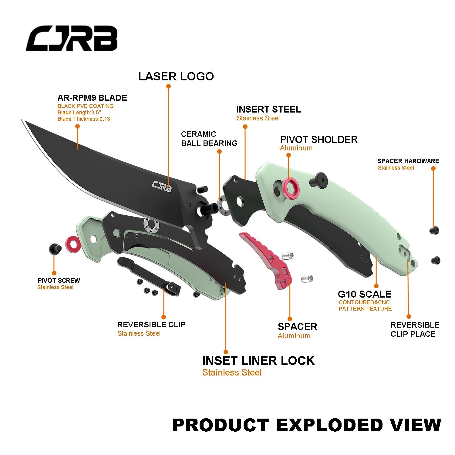 CJRB Gobi J1906 AR-RPM9 Steel Black Pvd Blade G10 Handle Folding Knives