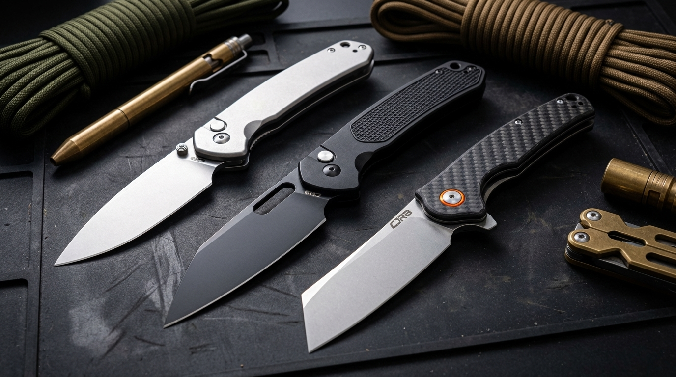 CJRB Pyrite, Pyrite-Alt Wharncliffe, and Crag Cleaver on a tactical mat