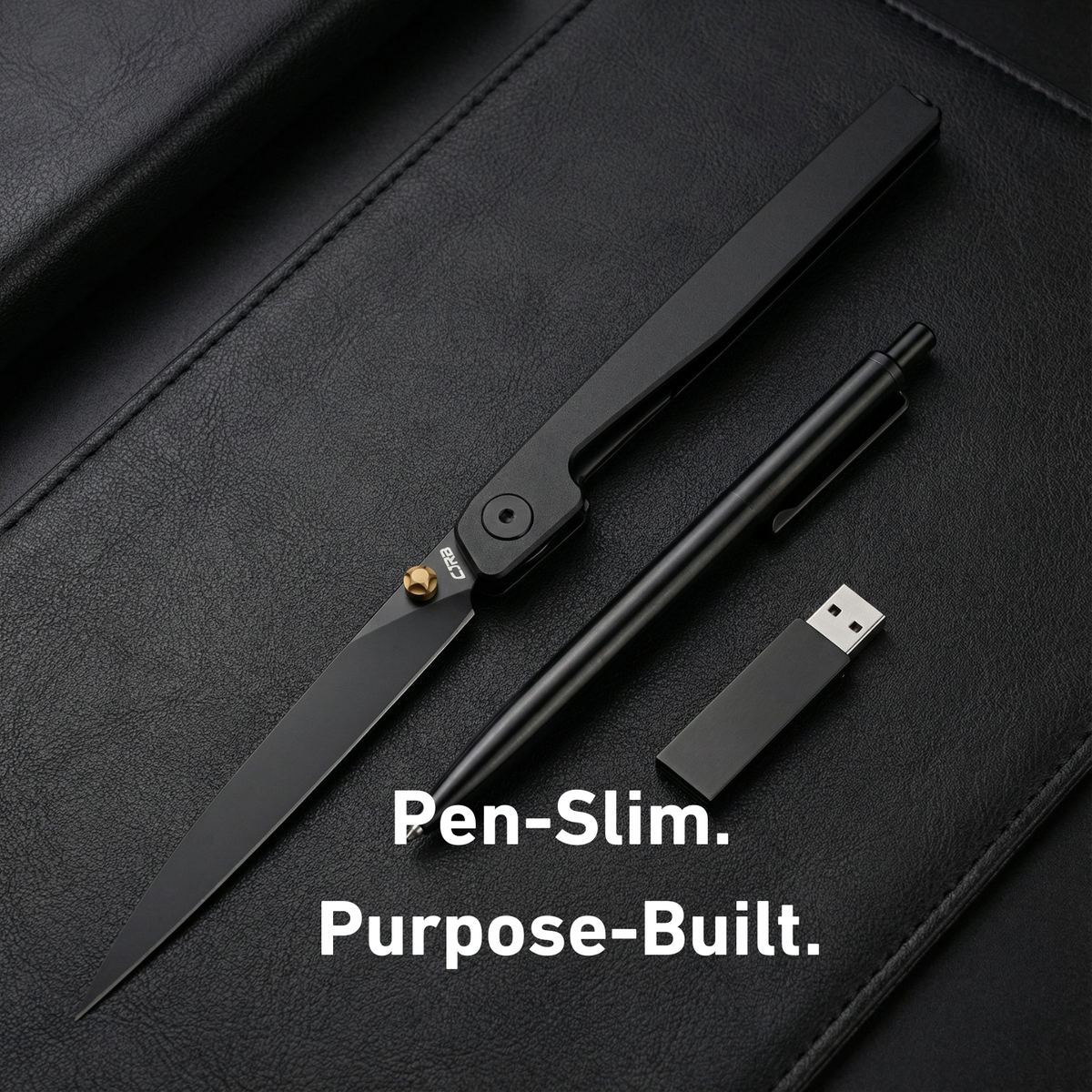 CJRB Lanky knife sitting next to a high-end fountain pen to show size similarity