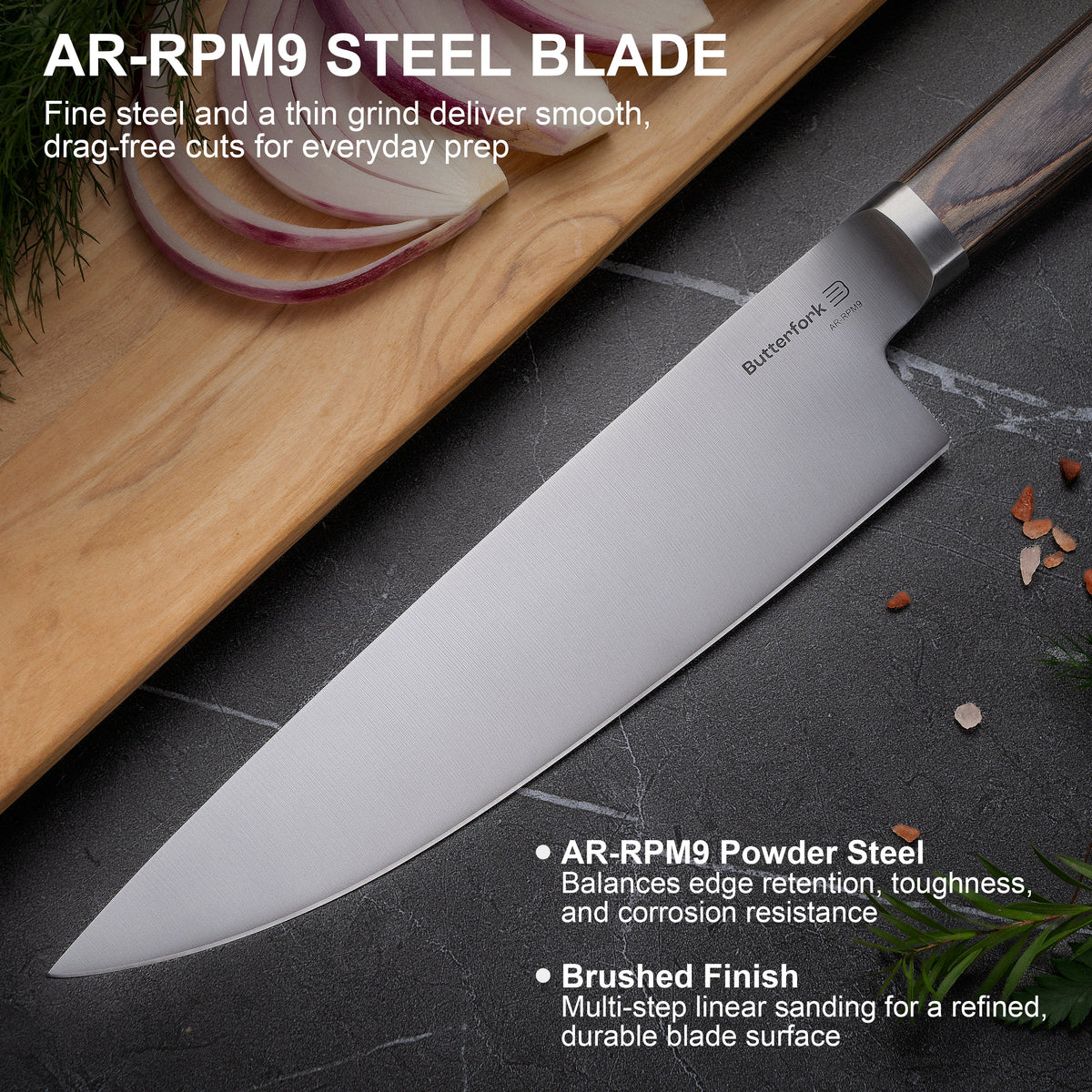 Butterfork Classic 8" Chef's Knife, AR-RPM9 Stainless Steel, Ergonomic Pakkawood handle, Ideal for All-Around Food Preparation