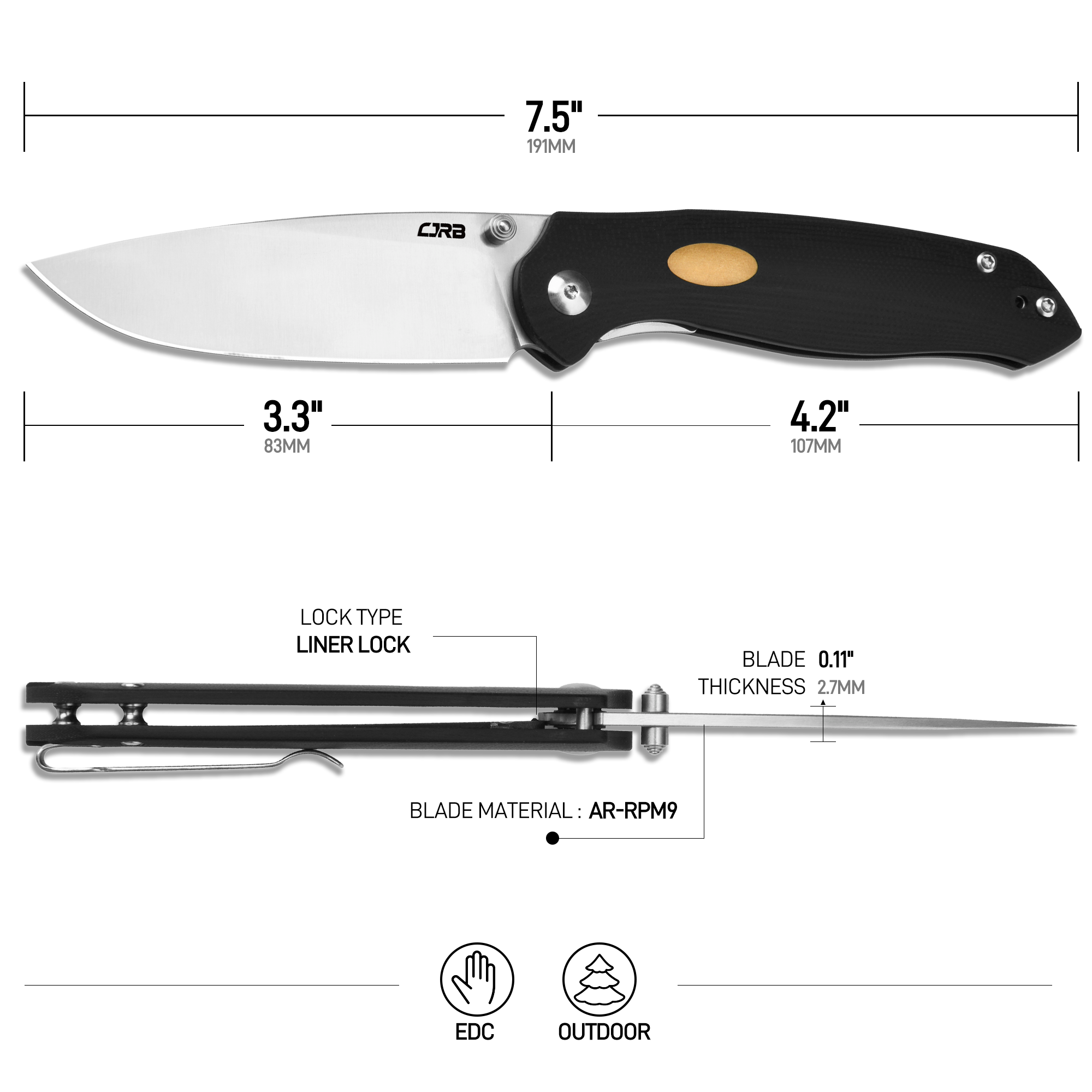 CJRB Aes J1938 AR-RPM9 Steel Blade G10 Handle Folding Knives