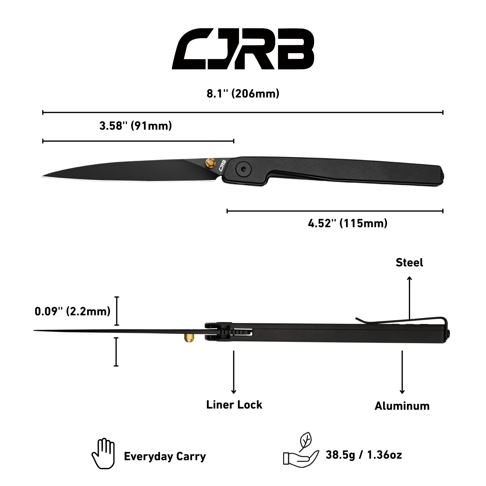 CJRB Lanky Thumb Stud & Liner Lock Knife Black Aluminum Handle (3.58'' AR-RPM9 Black PVD Coating Blade) J1965-BBK