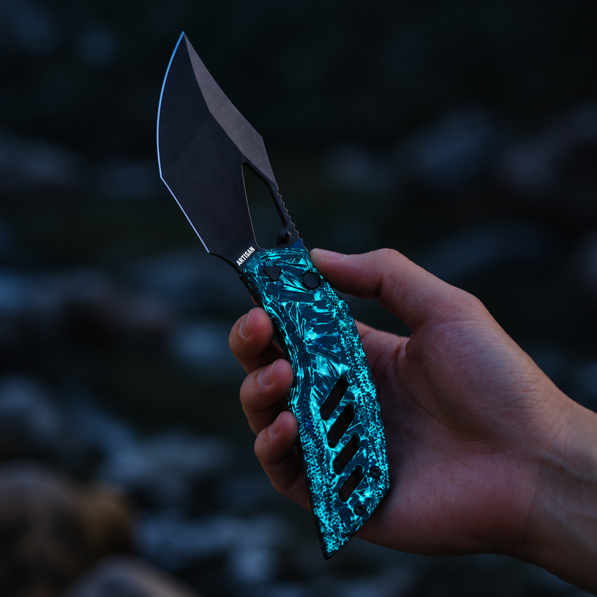 Artisan Cutlery Dark Wing Thumb Hole & Front Flipper Top Liner Lock EDC Knife Carbon Fiber(Glow in the dark) Handle(3.63'' CPM S90V Black PVD Coating Blade ) 1887G-GDBU