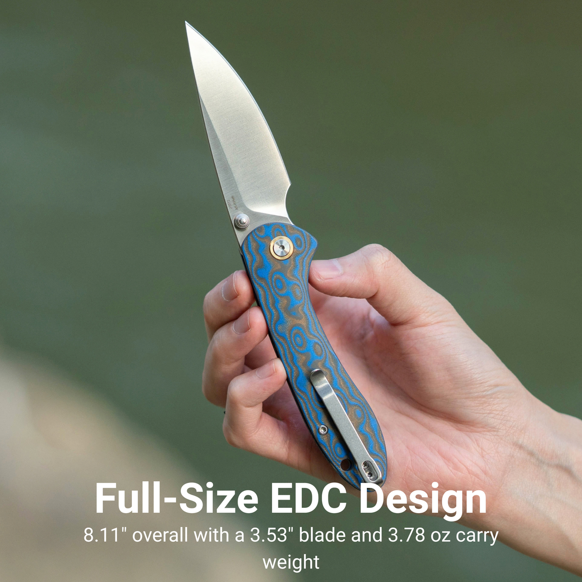 CJRB Feldspar Thumb Stud & Top Liner Lock Folding Knife Blue Brown Micarta with Ripple Pattern Handle (3.53'' Sand Polish AR-RPM9 Steel Blade) J1912X-MBU (Exclusive)