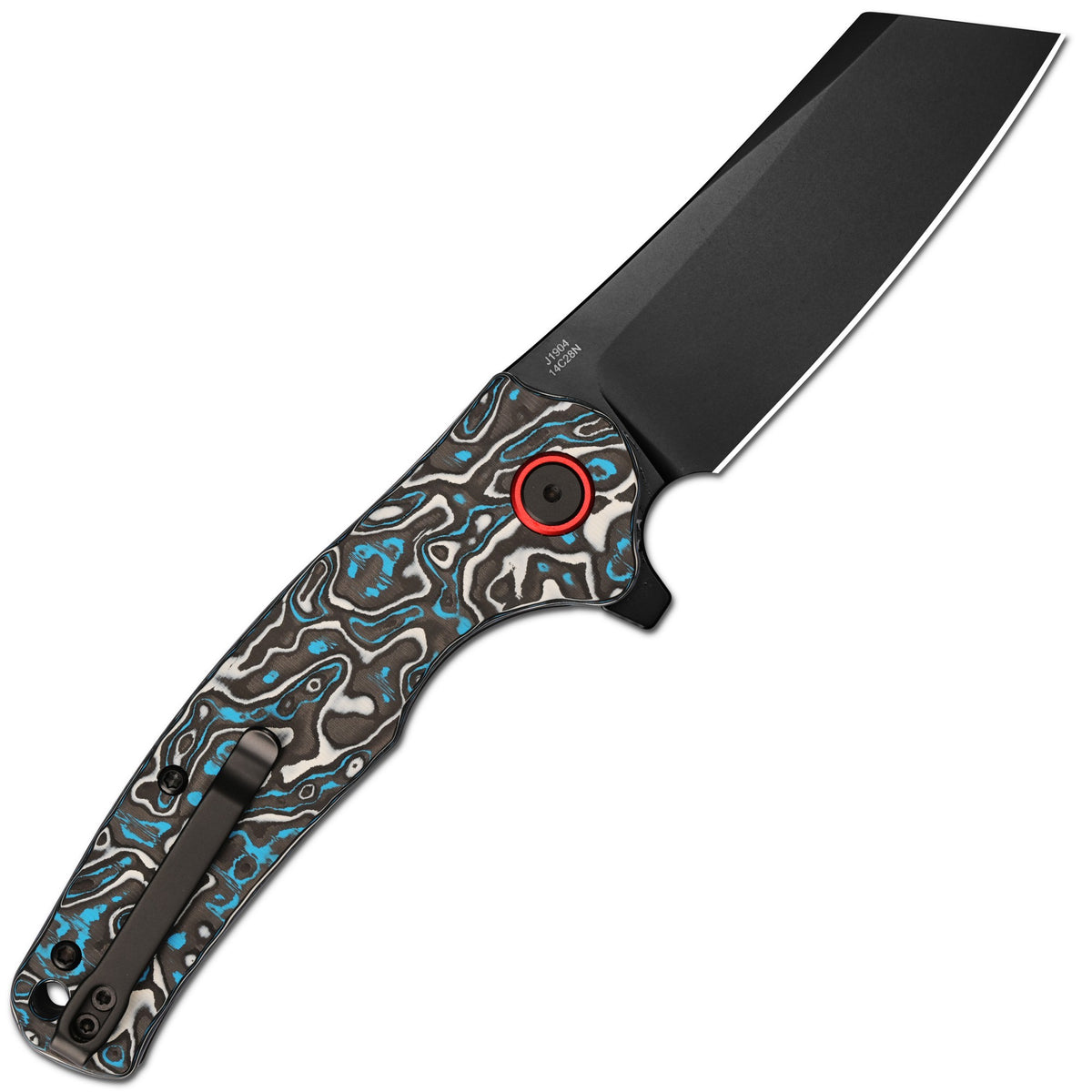 CJRB Crag Flipper & Liner Lock Folding Knife Blue & White Fat Carbon Handle (3.43'' 14C28N Steel Black PVD Coating Blade) J1904-BWCF (Exclusive)