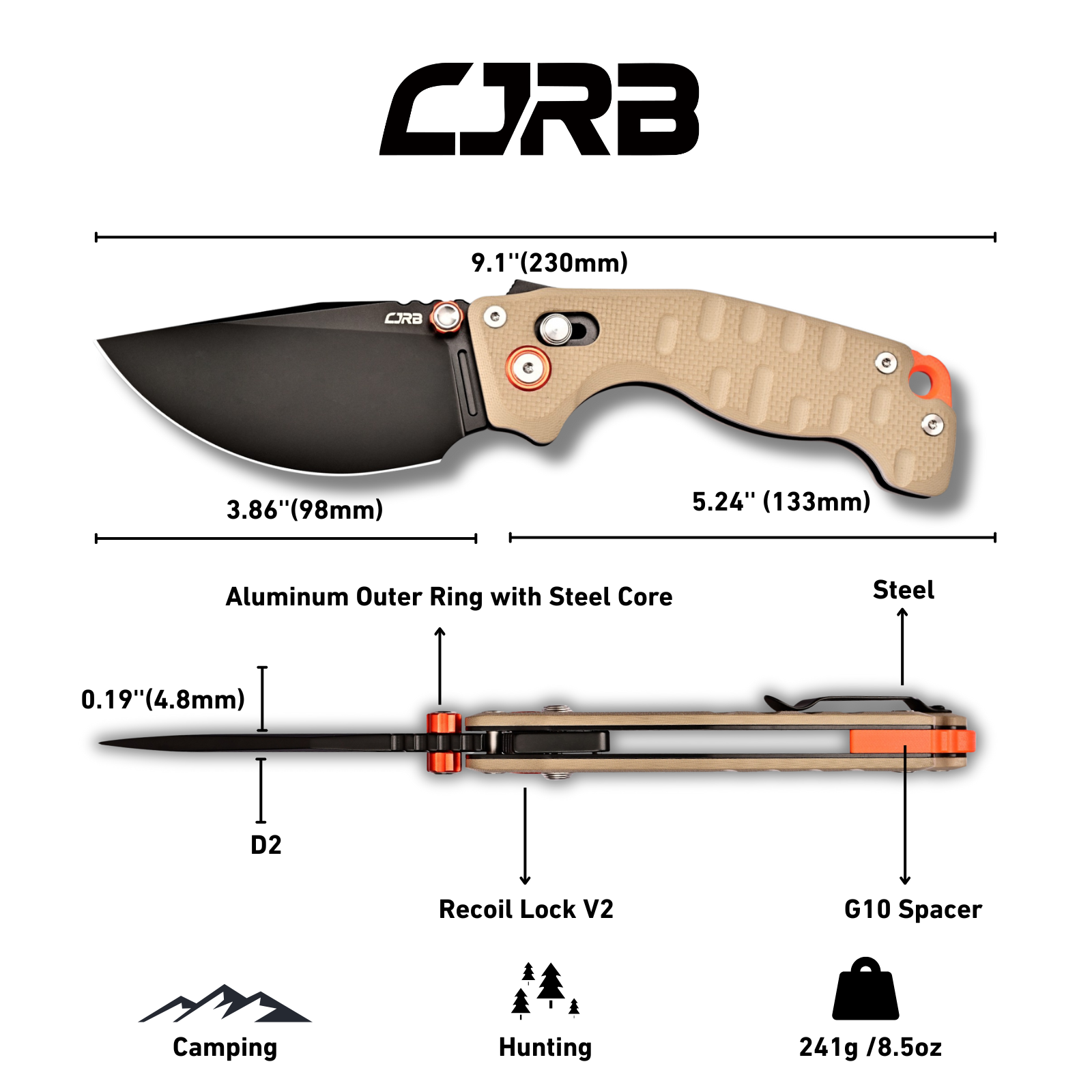 CJRB Doubletap Thumb Stud & Recoil Lock V2 Tatical Knife Desert G10 Handle(3.86'' D2 Black PVD Coating Blade) J1970-BDE