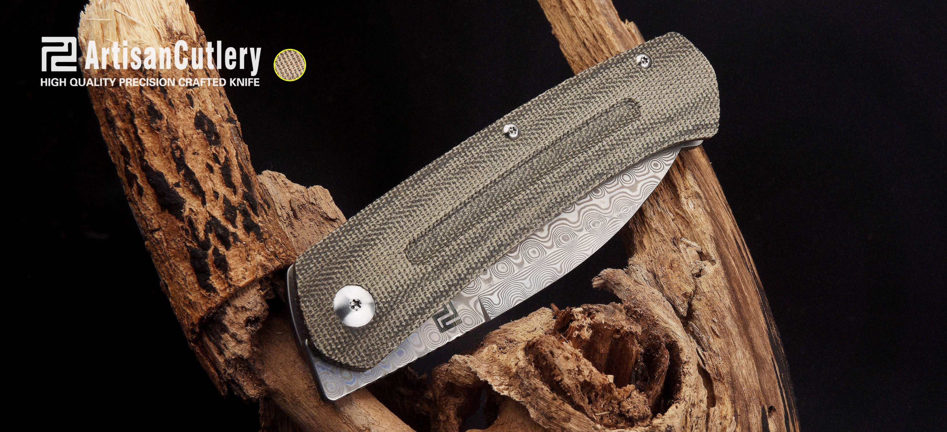 Artisan Cutlery Centauri ATZ-1839GD Damascus Blade Micarta and Titanium Handle Folding Knives