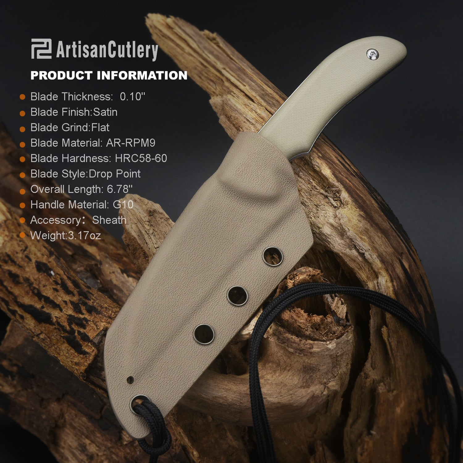 Artisan Cutlery Sea Snake ATZ-1842B  AR-RPM9 Steel Blade G10 Handle Fixed Blade Knives - Desert (1842B-DE)