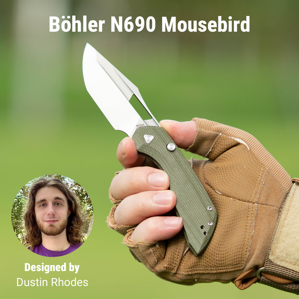 Artisan Cutlery Mousebird Thumb Hole Top Liner Lock EDC Knife Micarta Handle (3'' N690 Stone Wash Blade ) 1889G-MGN