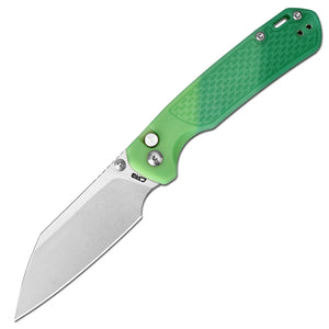 CJRB Pyrite-Light Thumb Stud & Button Lock EDC Knife, Thermochromic FRN Handle (Dark Green to Light Green), 3.34'' AR-RPM9 Stonewashed Blade, J1945-DLG