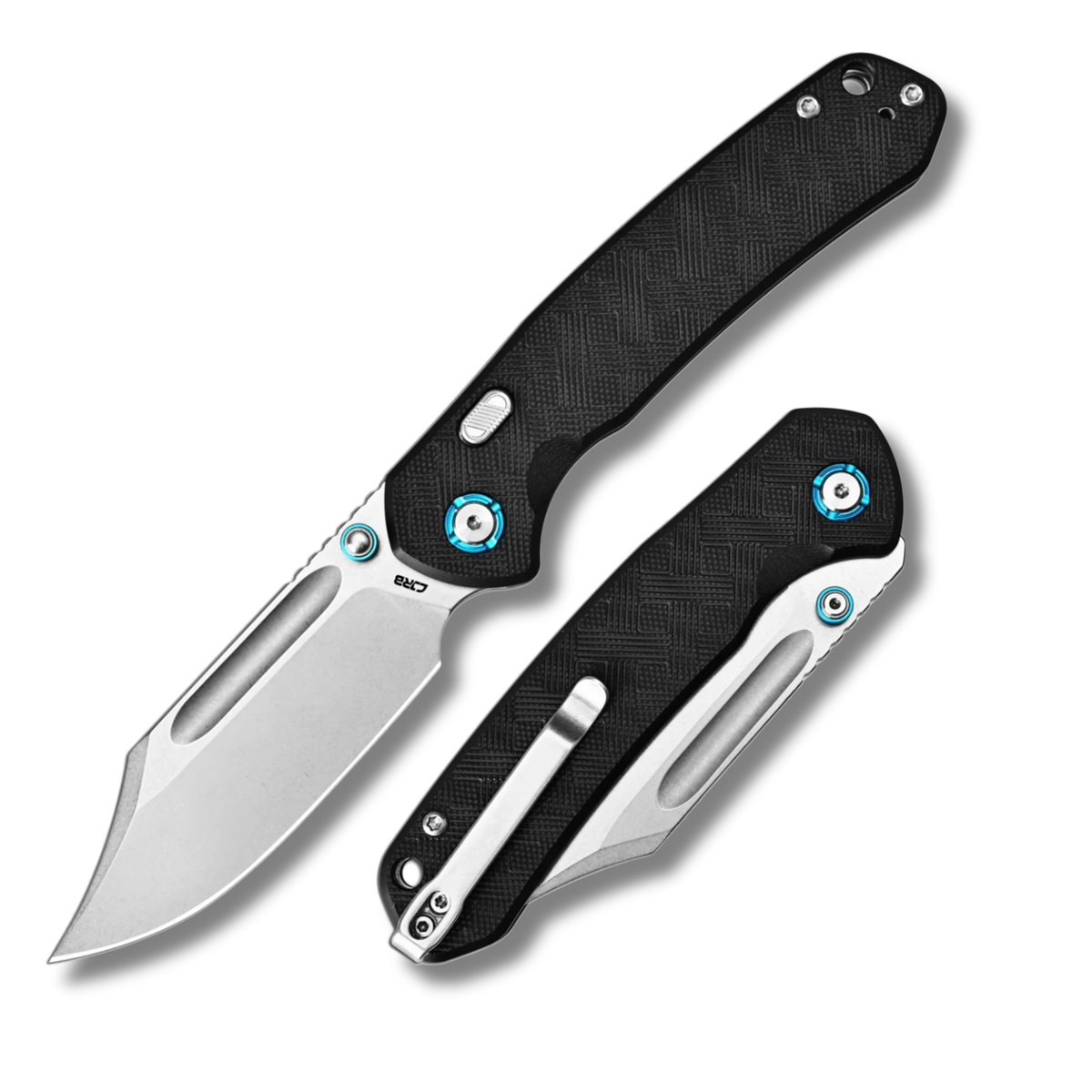 CJRB Bowie Pyrite Thumb Stud & Top Liner Lock Folding Knife Black CNC G10 Textured Handle (3.35'' AR-RPM9 Steel Stone Wash Blade) J1942X-BK