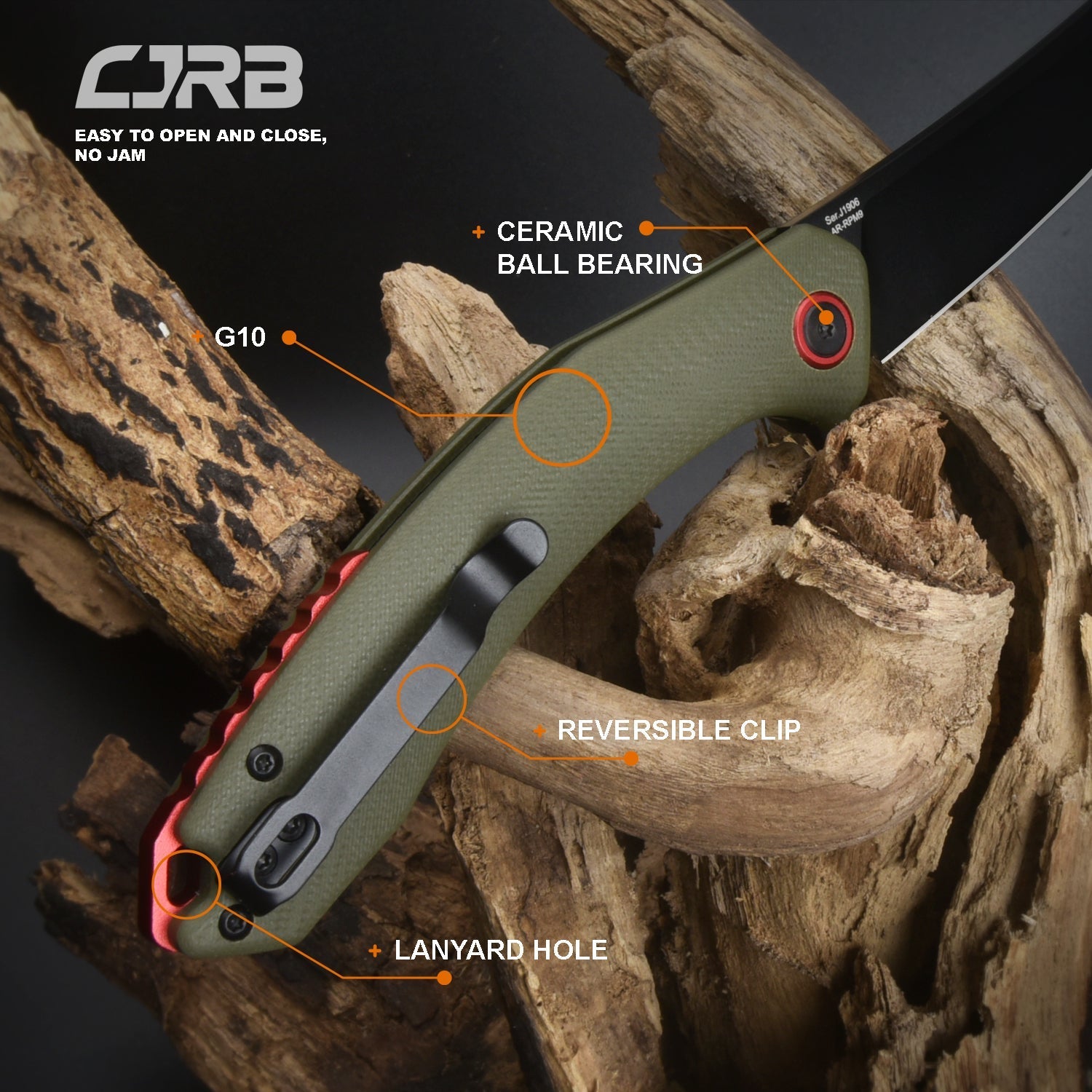 CJRB Gobi J1906 AR-RPM9 Steel Black Pvd Blade G10 Handle Folding Knives - Green (J1906-BGNC)