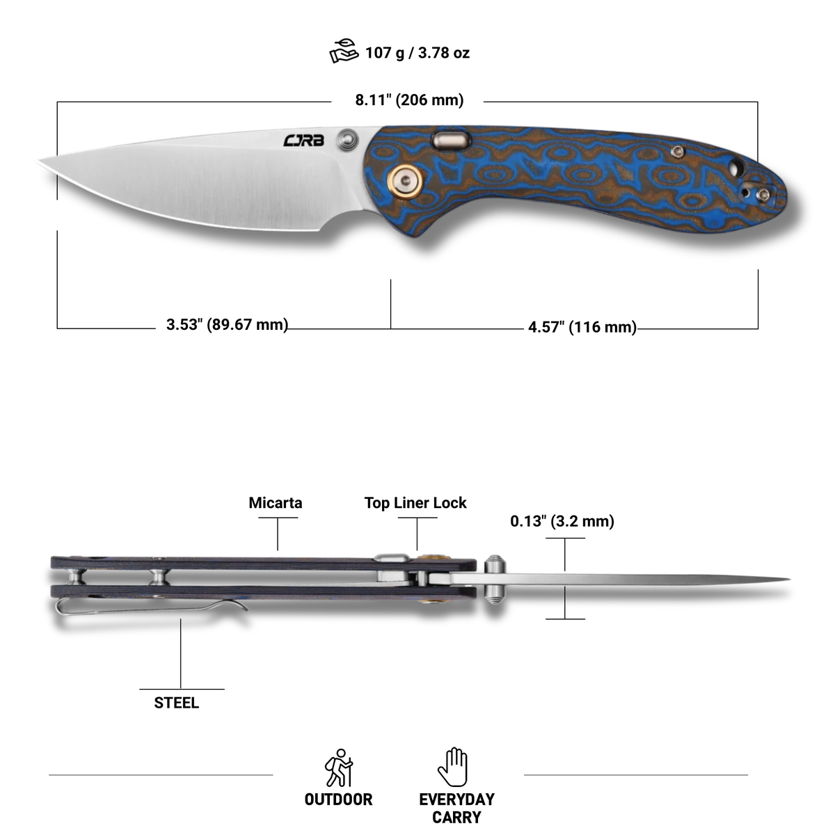 CJRB Feldspar Thumb Stud & Top Liner Lock Folding Knife Blue Brown Micarta with Ripple Pattern Handle (3.53'' Sand Polish AR-RPM9 Steel Blade) J1912X-MBU (Exclusive)