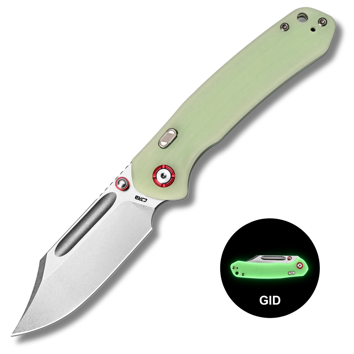 CJRB Bowie Pyrite Thumb Stud & Top Liner Lock Folding Knife G10(Glow In the Dark) Handle (3.35'' AR-RPM9 Steel Stone Wash Blade) J1942X-GD