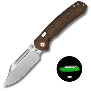 CJRB Bowie Pyrite Thumb Stud & Top Liner Lock Folding Knife Brown Glow in the Dark Micarta Handle (3.35'' Stone Wash 14C28N Steel Blade) J1942X-GDBN (Exclusive)