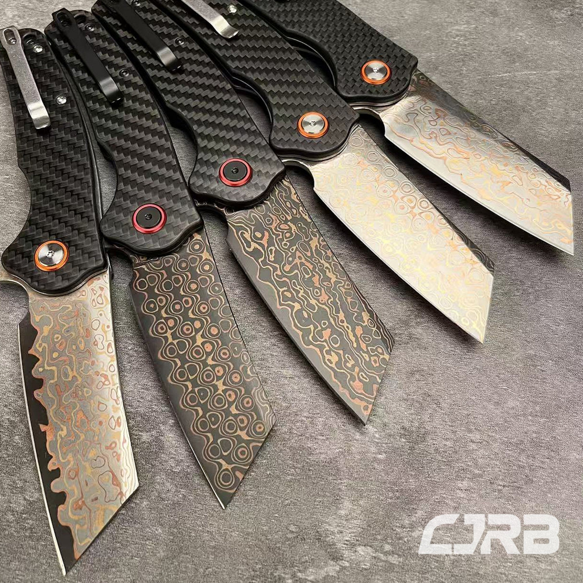 CJRB Crag J1904 Copper Damascus Steel Carbon Fiber Handle Folding Knives(Prototype)