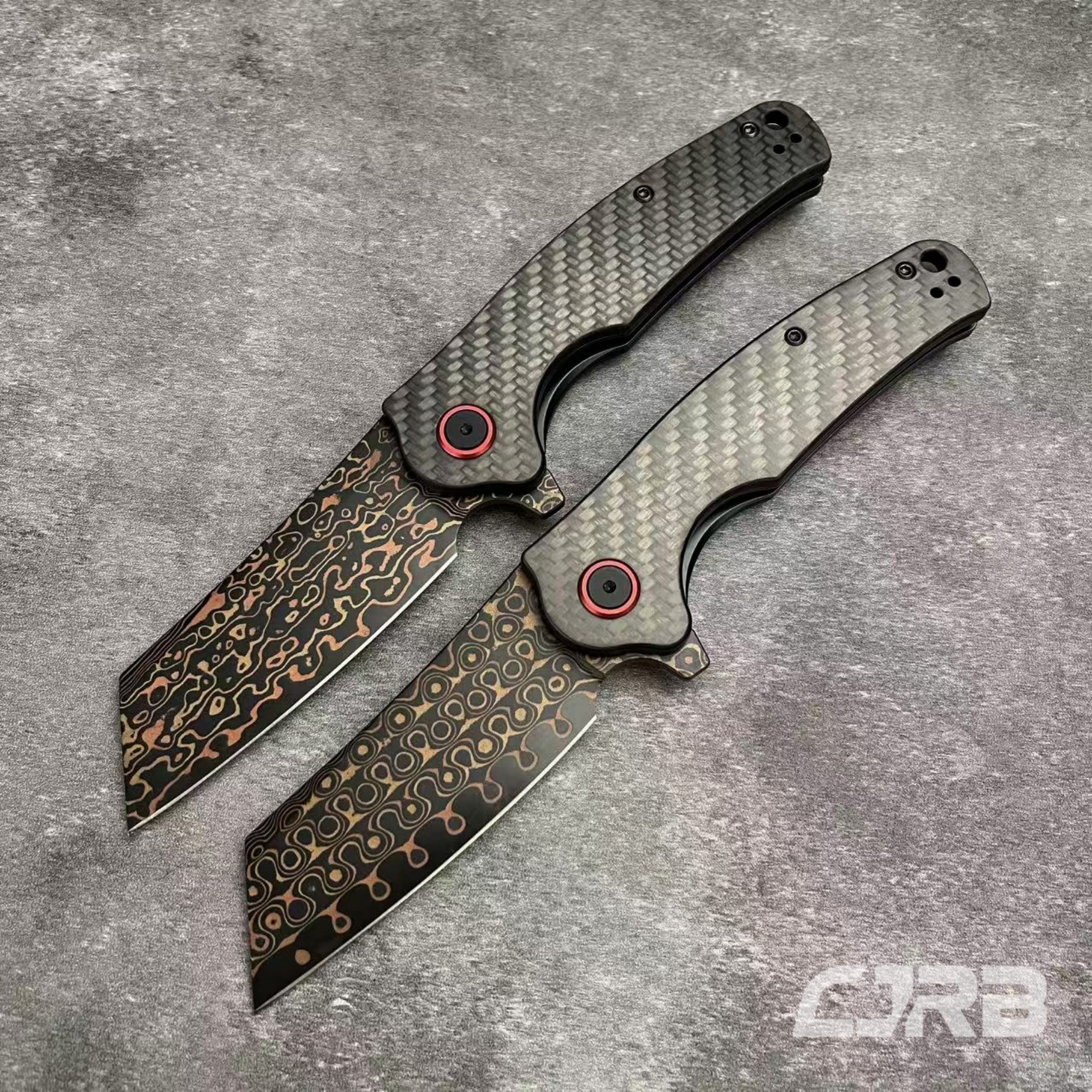 CJRB Crag J1904 Copper Damascus Steel Carbon Fiber Handle Folding Knives(Prototype)