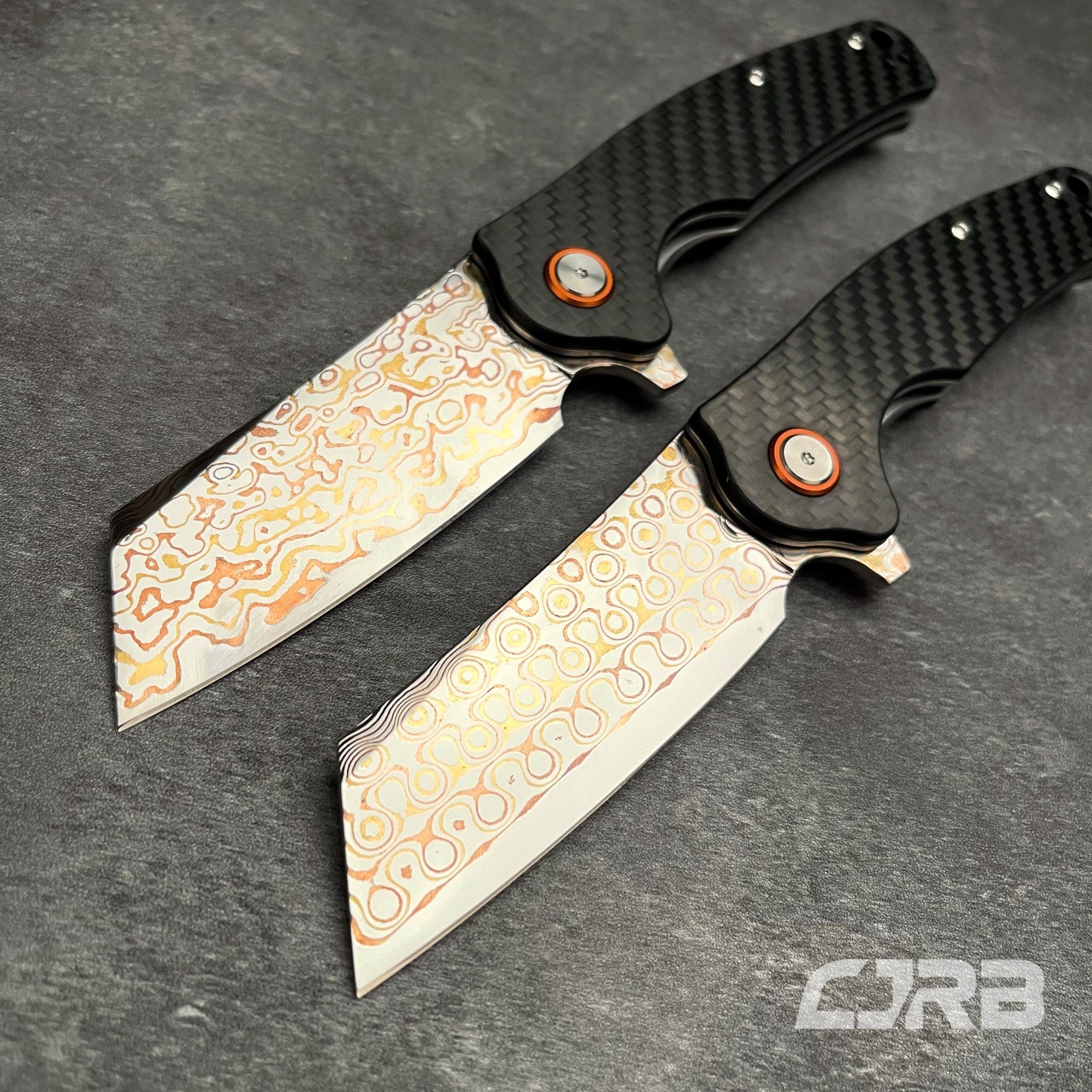 CJRB Crag J1904 Copper Damascus Steel Carbon Fiber Handle Folding Knives(Prototype)