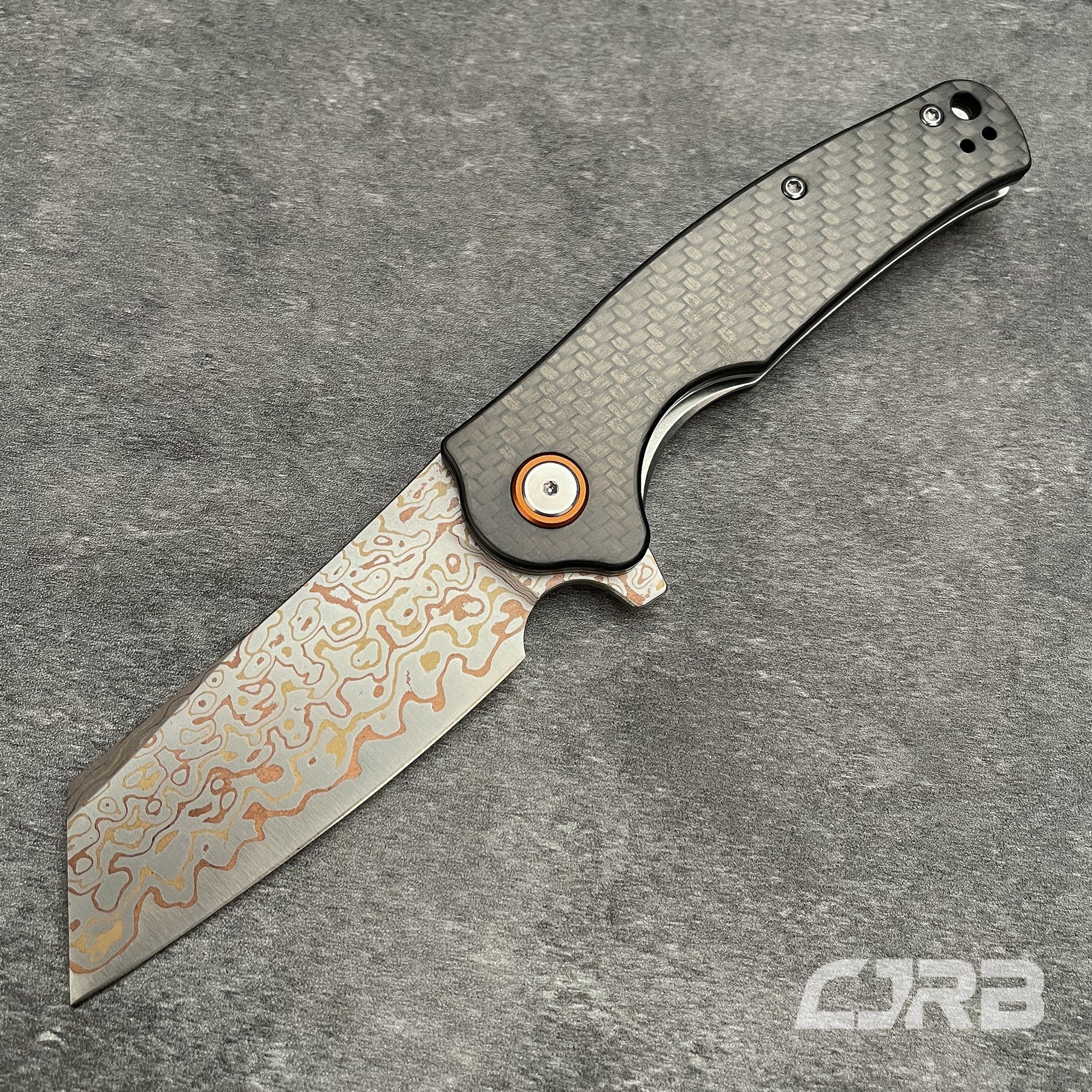 CJRB Crag J1904 Copper Damascus Steel Carbon Fiber Handle Folding Knives(Prototype)